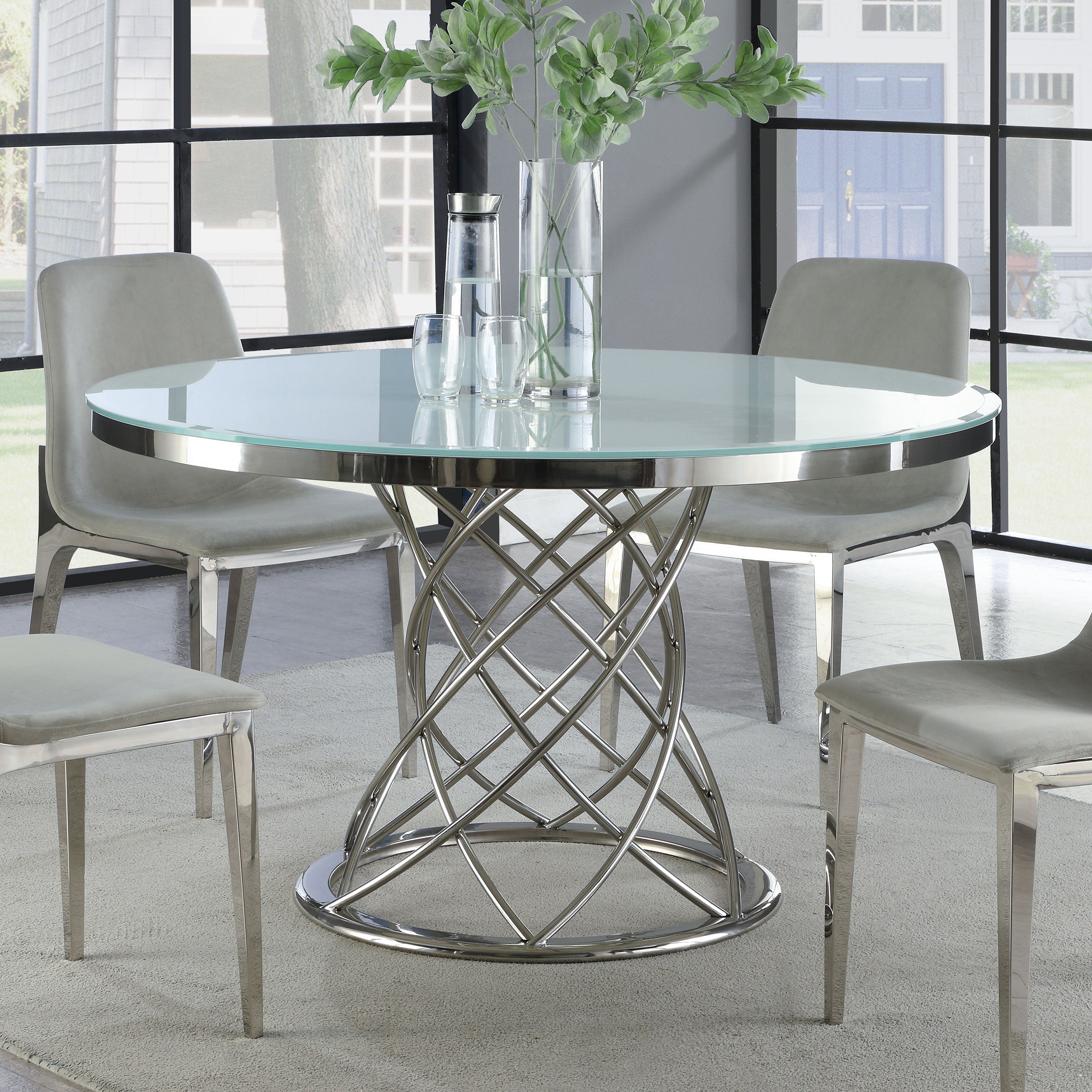 Irene Round Glass Top Dining Table White and Chrome