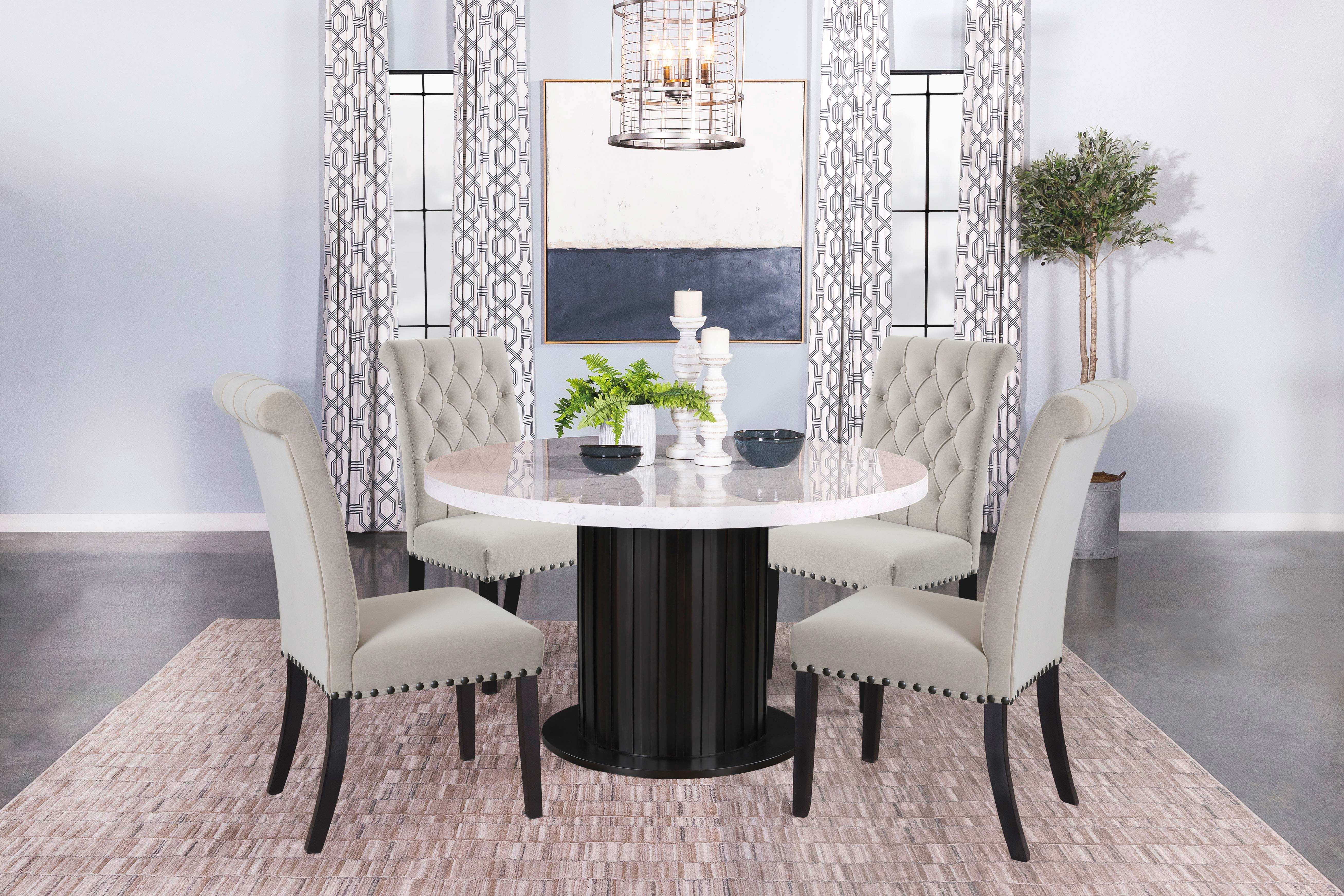 Sherry  Round Dining Set with Grey Fabric Chairs