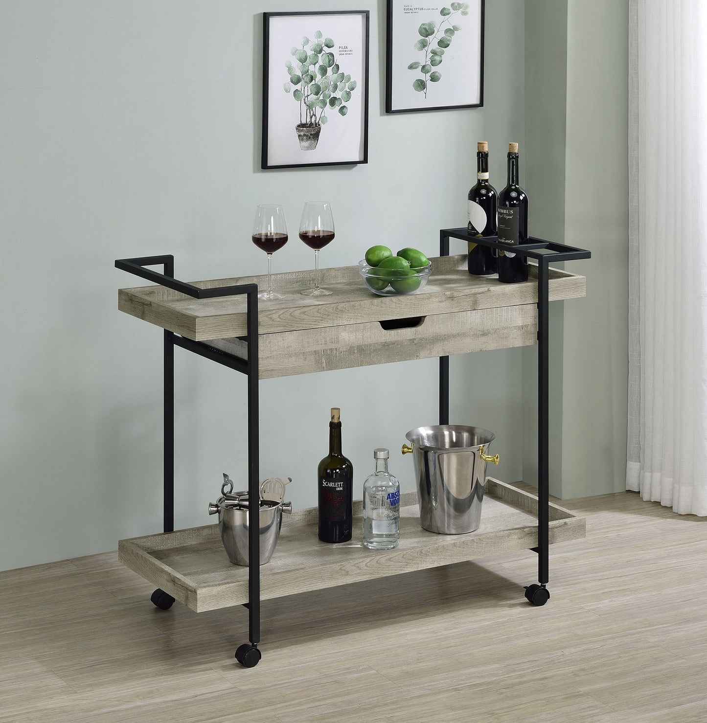 Ventura 2-tier Bar Cart with Storage Drawer Grey Driftwood