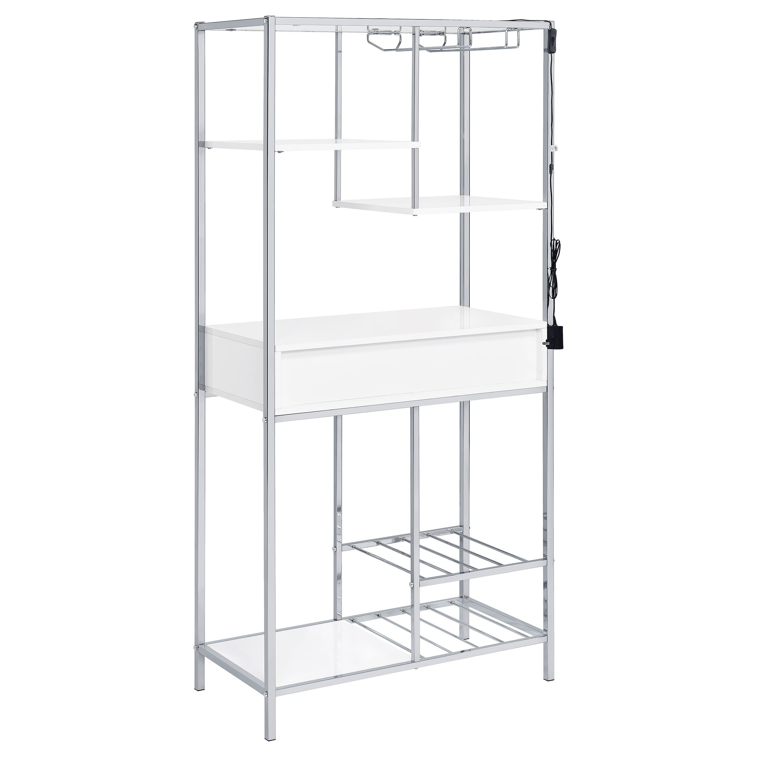 Figueroa 5-shelf Wine Cabinet with Storage Drawer White High Gloss and Chrome