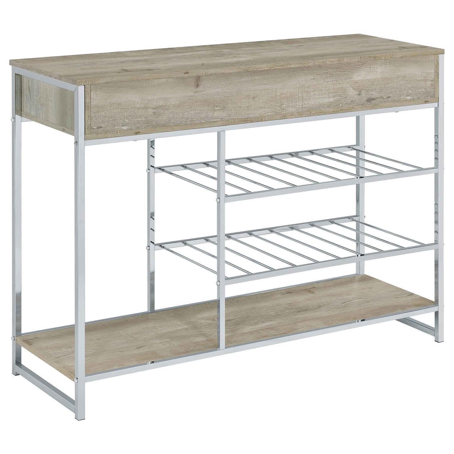 Melrose 2-shelf Wine Cabinet with 2 Drawers Gray Washed Oak and Chrome