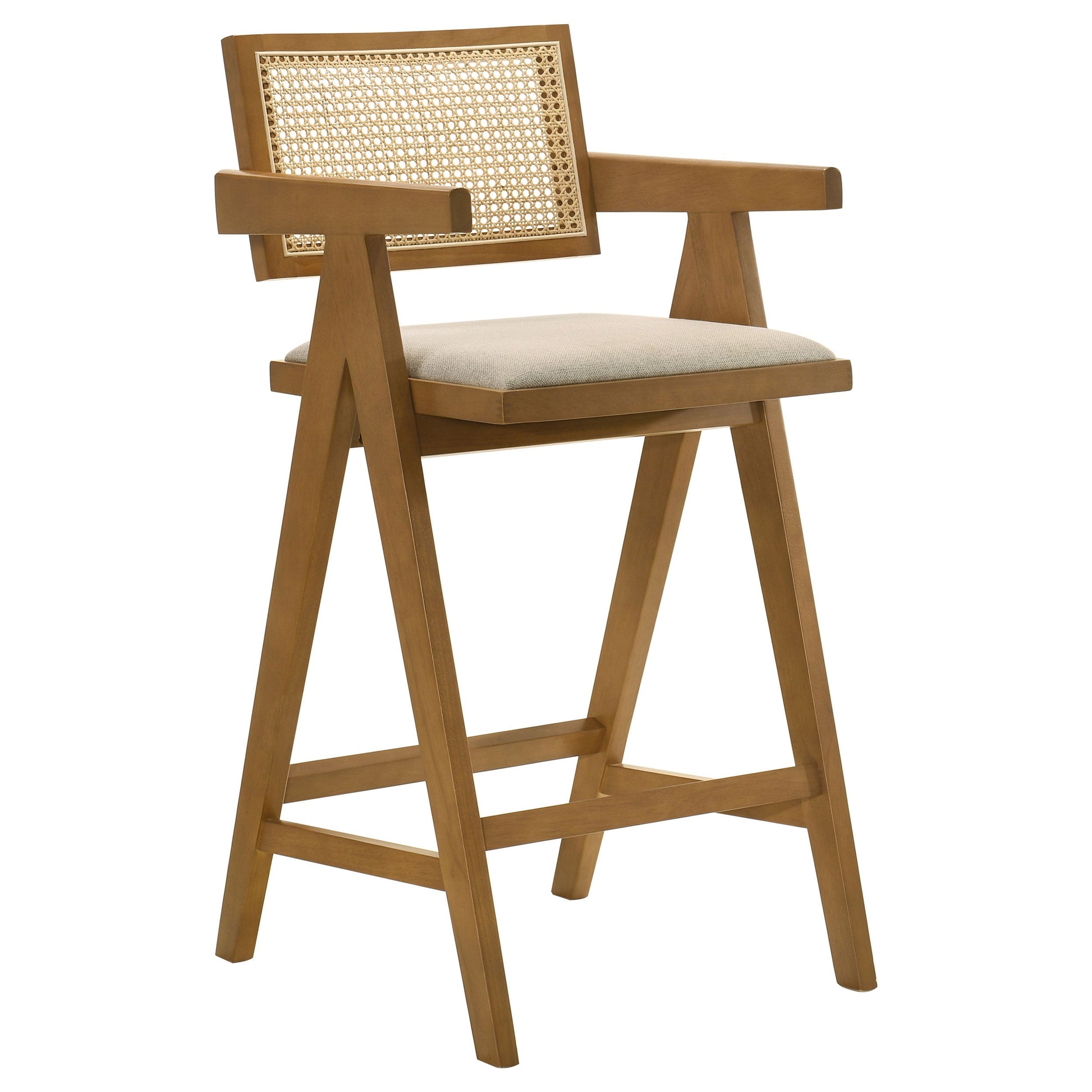 Coaster Kane Solid Wood Bar Stool with Woven Rattan Back and Upholstered Seat Light Walnut (Set of 2) Default Title