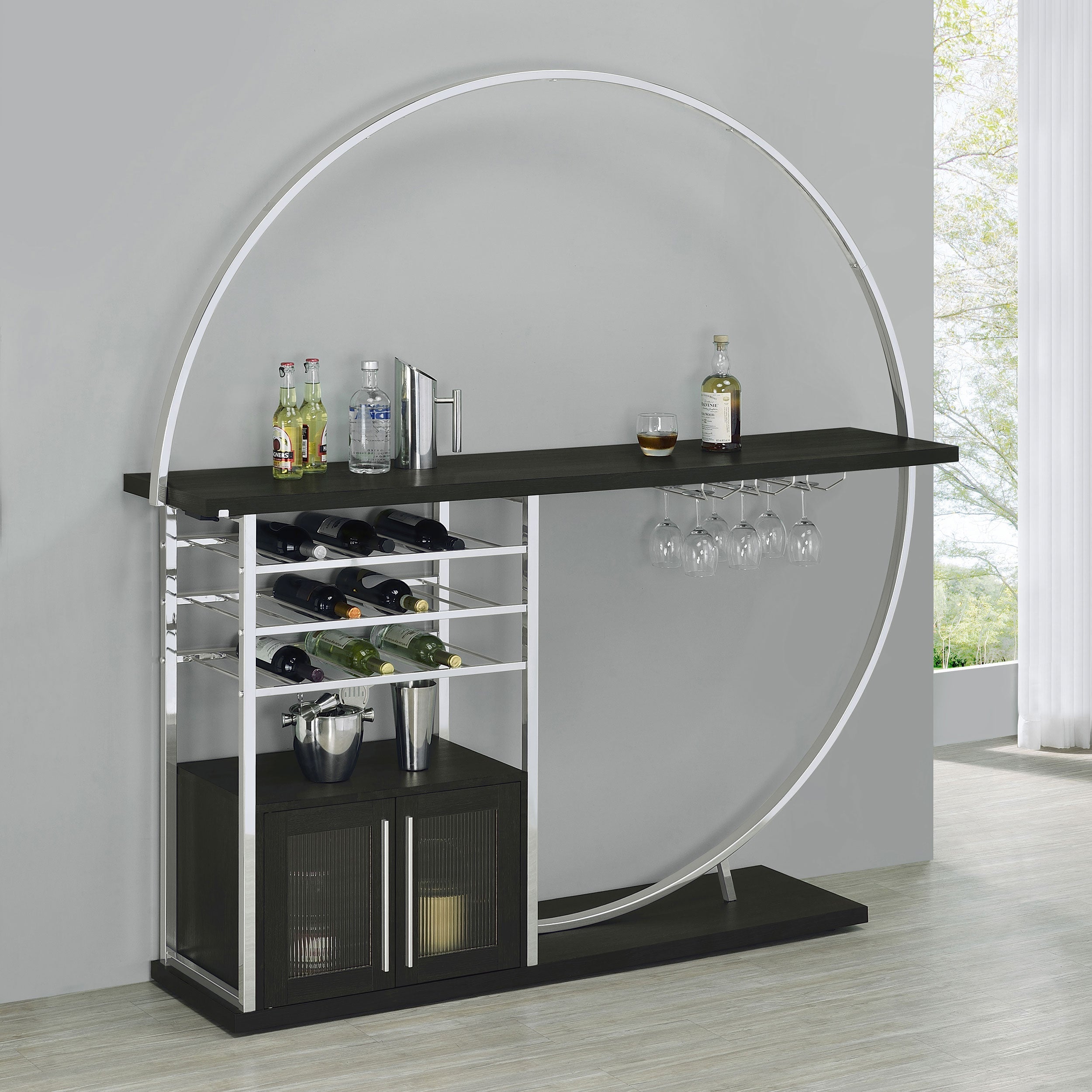 Risley 2-door Circular LED Home Bar with Wine Storage White High Gloss