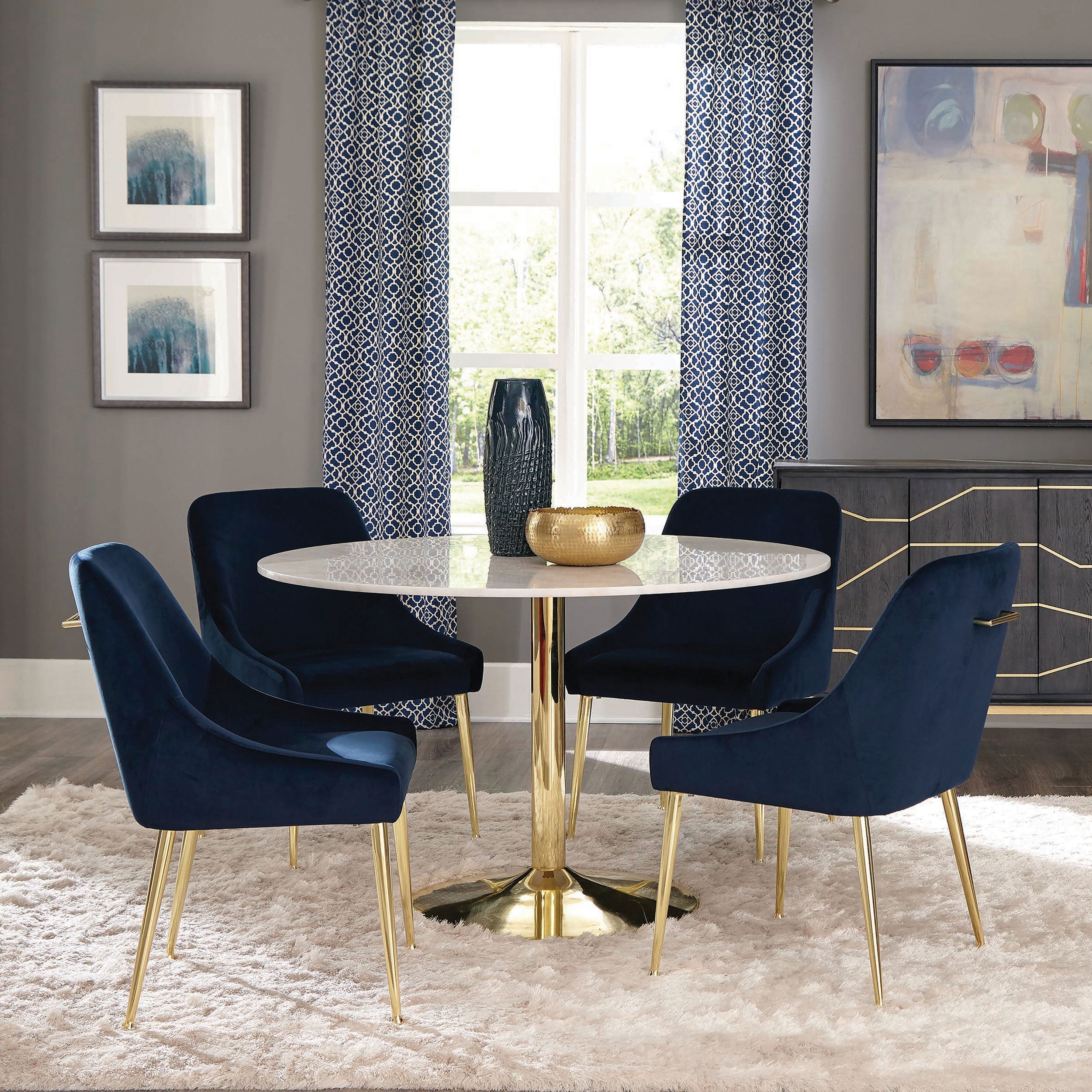 Kella  Round Marble Top Dining Set Blue and Gold