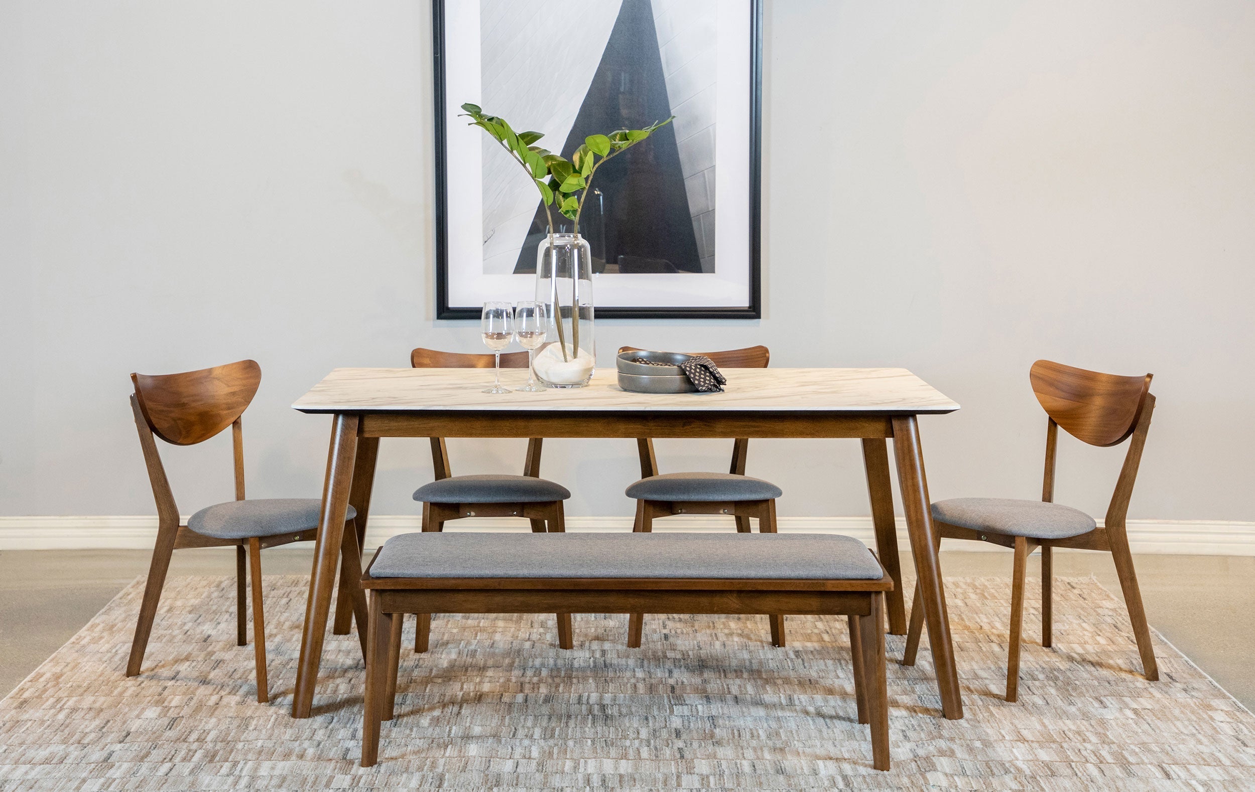 Everett  Faux Marble Top Dining Table Natural Walnut and Grey