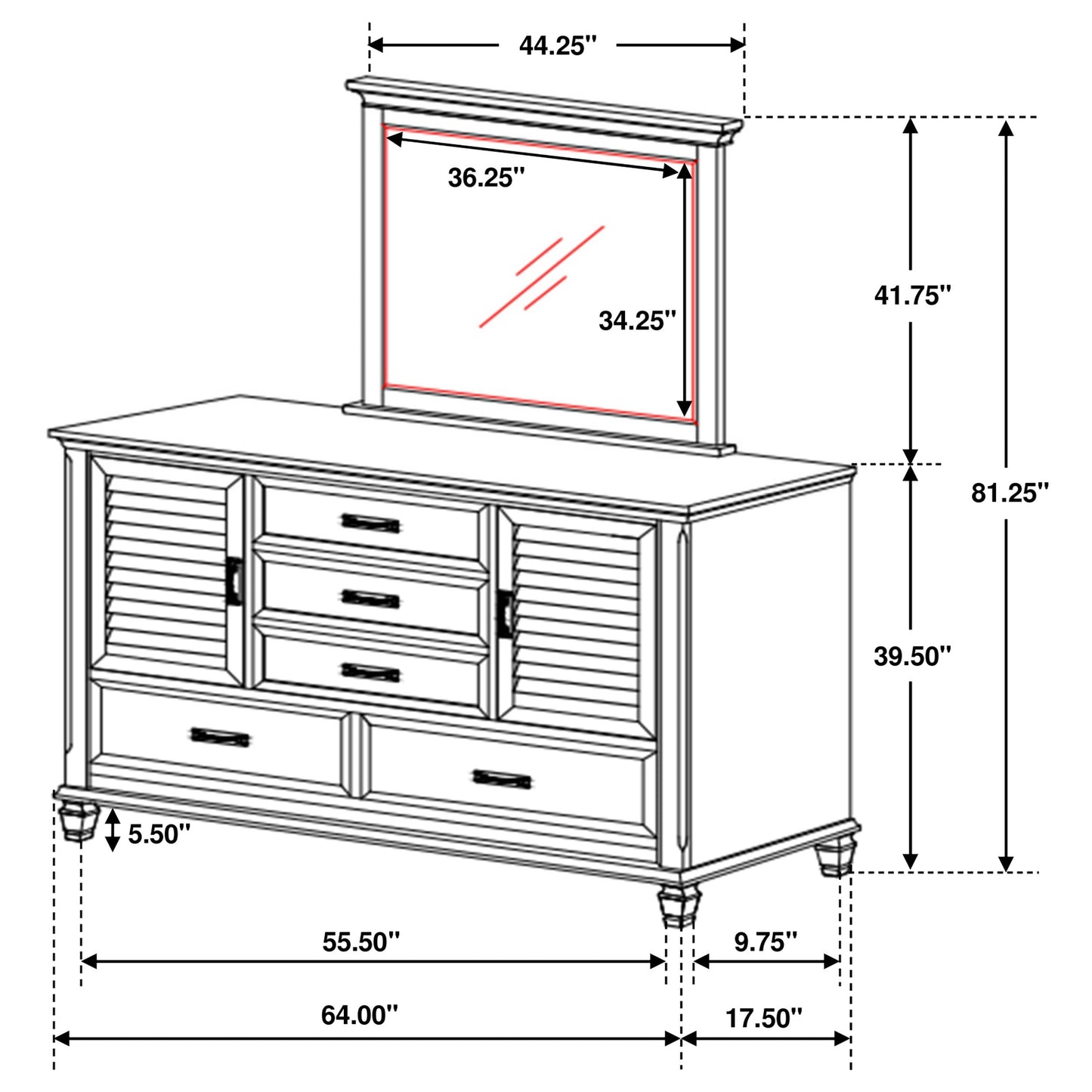 Franco 5-drawer Dresser with Mirror Distressed White