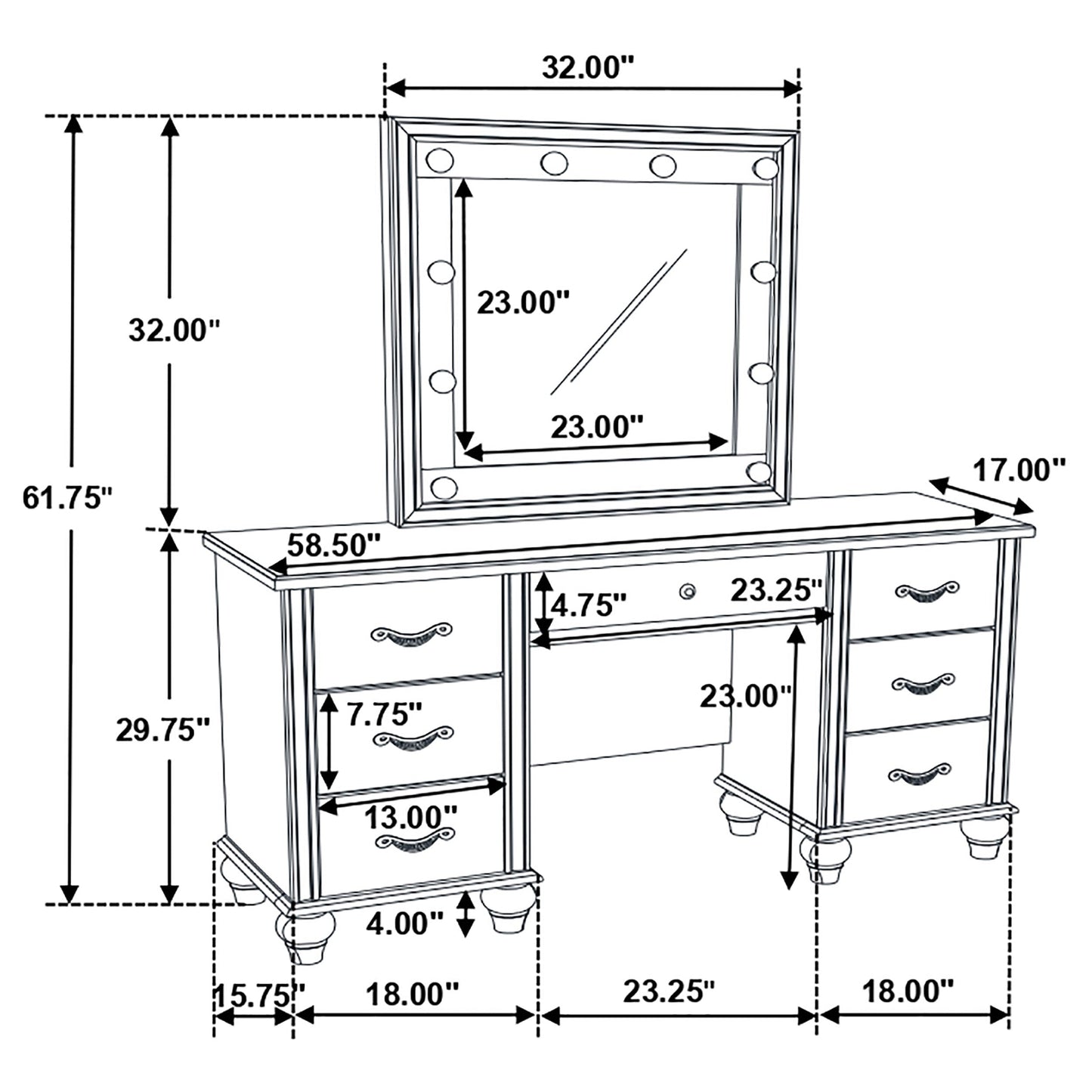 Barzini 7-drawer Vanity Desk with Lighted Mirror White