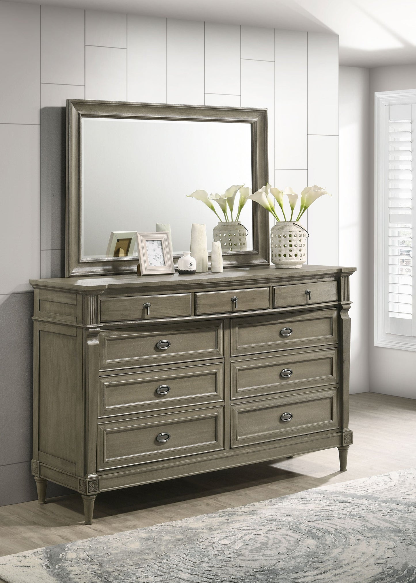 Alderwood 9-drawer Dresser with Mirror French Grey