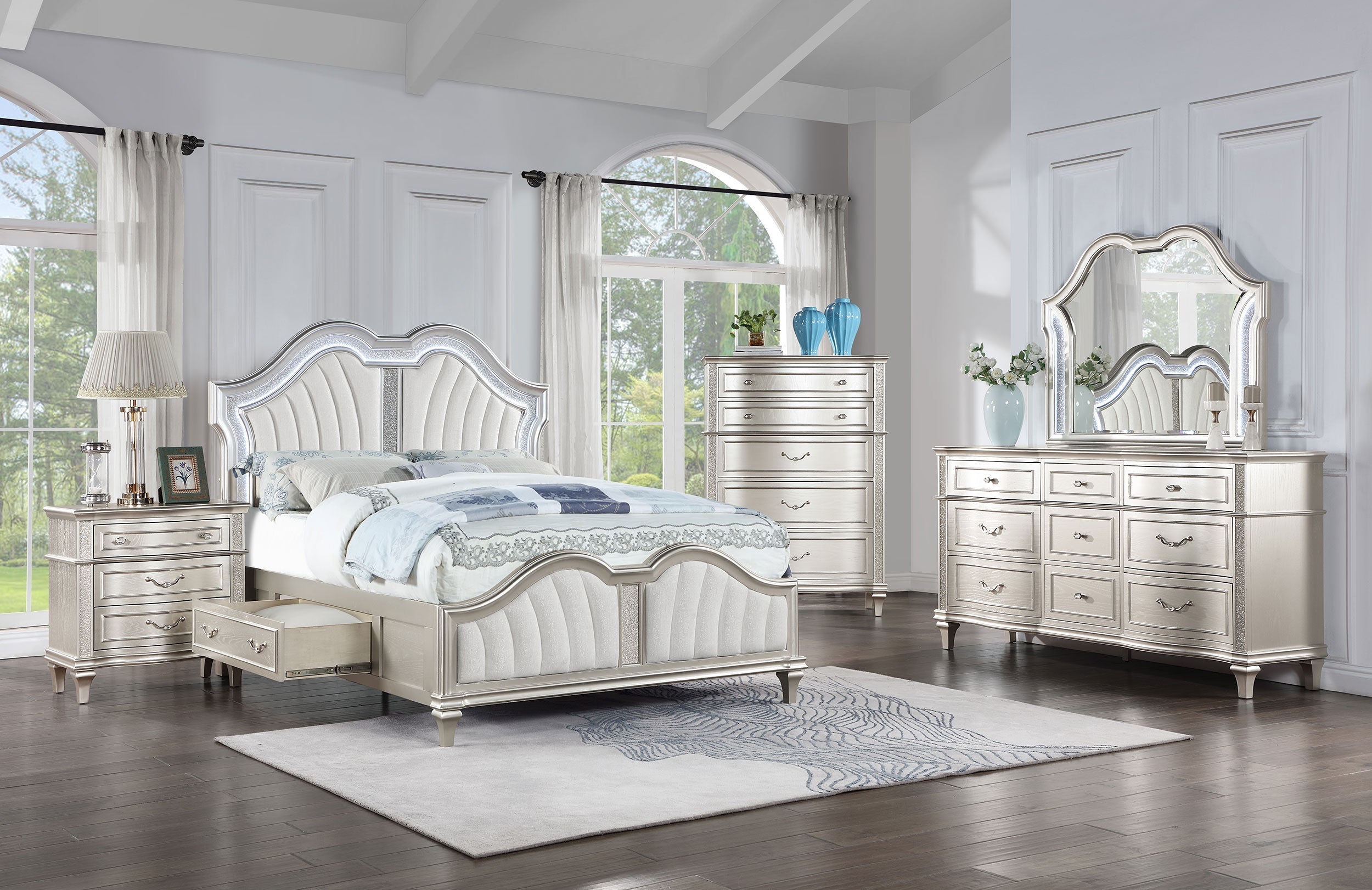 Veronica   Storage Bed with LED Headboard Silver Oak and Ivory