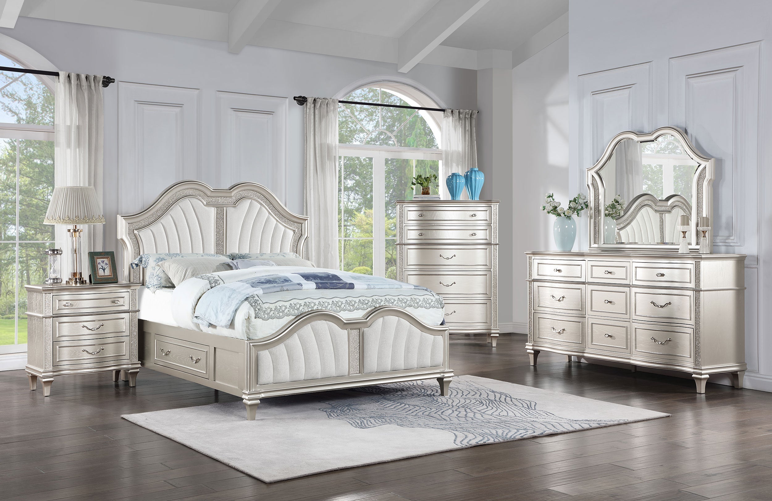 Veronica   Storage Bed with LED Headboard Silver Oak and Ivory