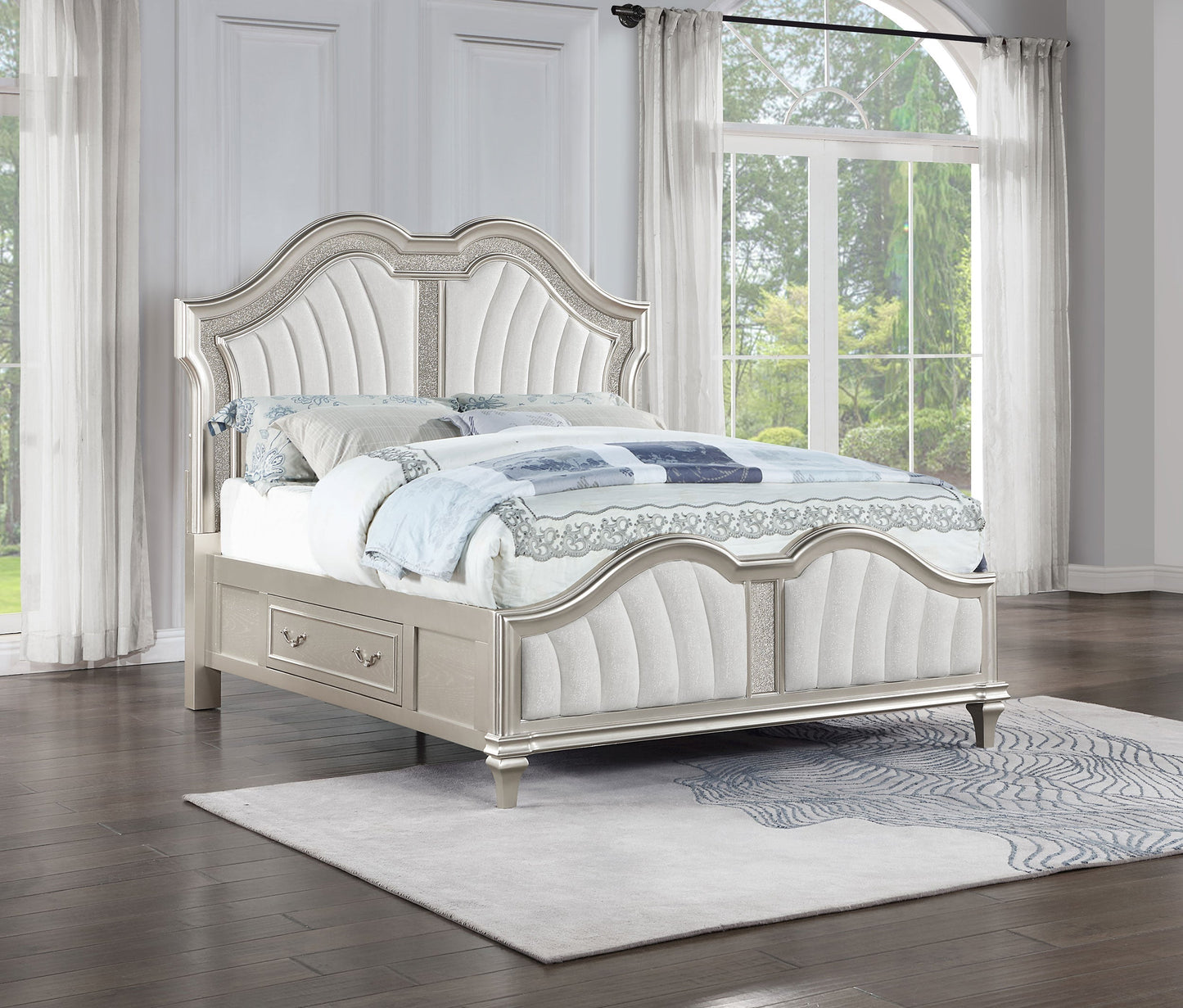 Evangeline  Storage Bed with LED Headboard Silver Oak and Ivory