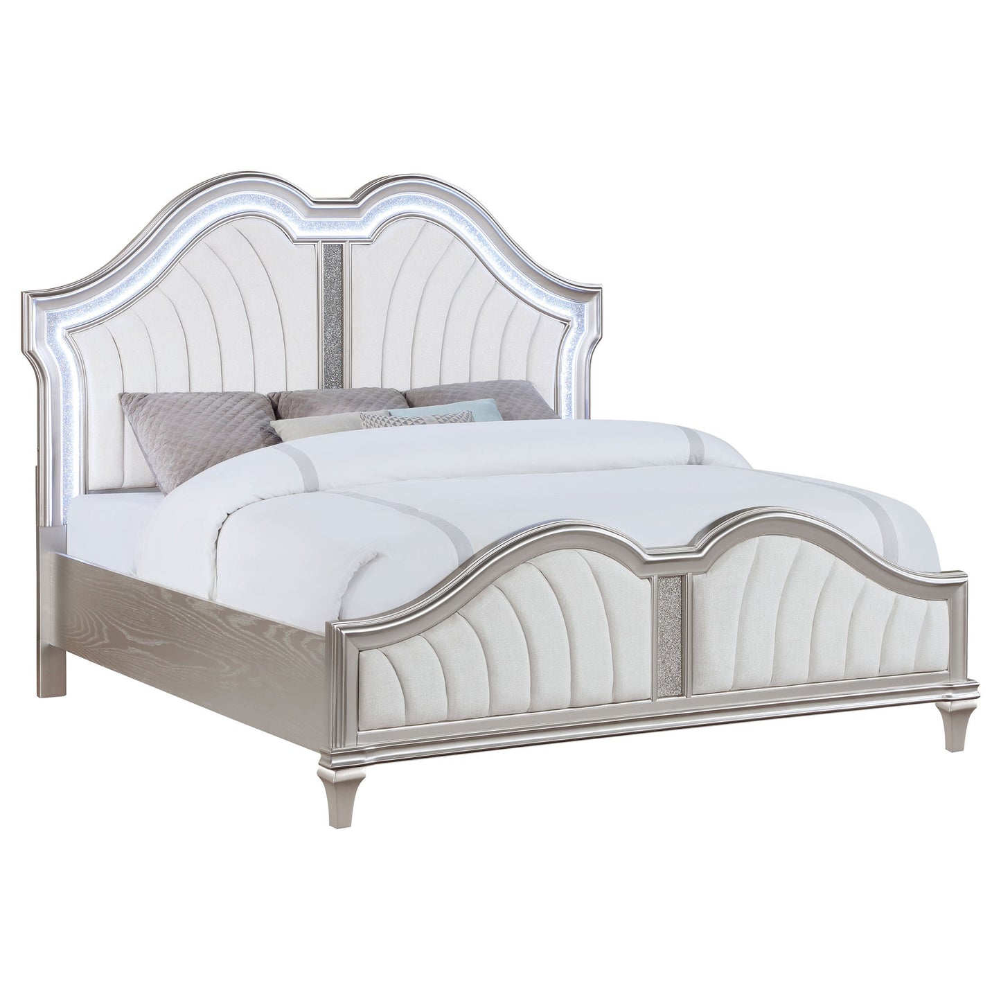 Evangeline Tufted Upholstered Platform  Bed Ivory and Silver Oak