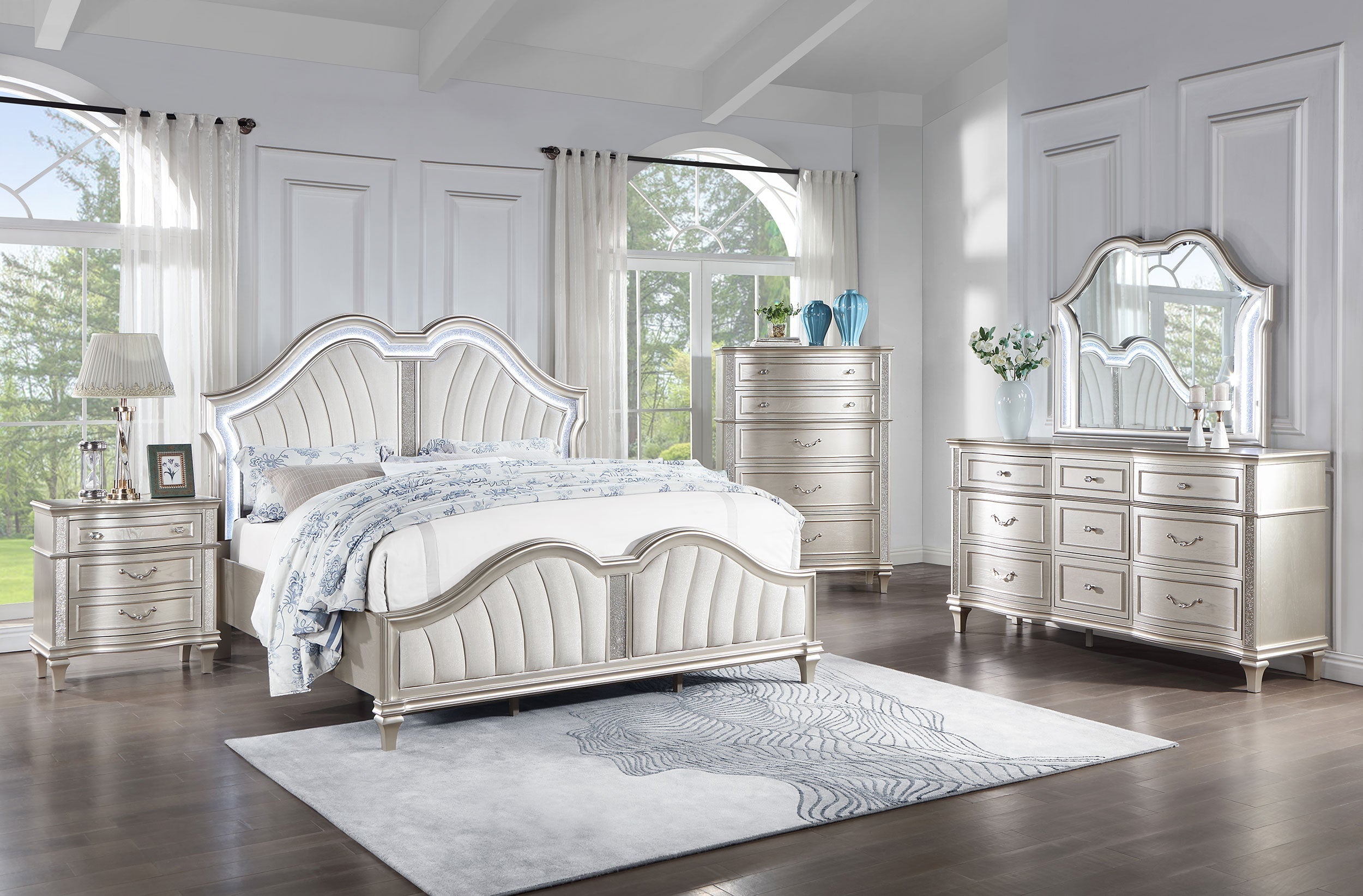 Evangeline  Upholstered Platform  Bedroom Set Ivory and Silver Oak