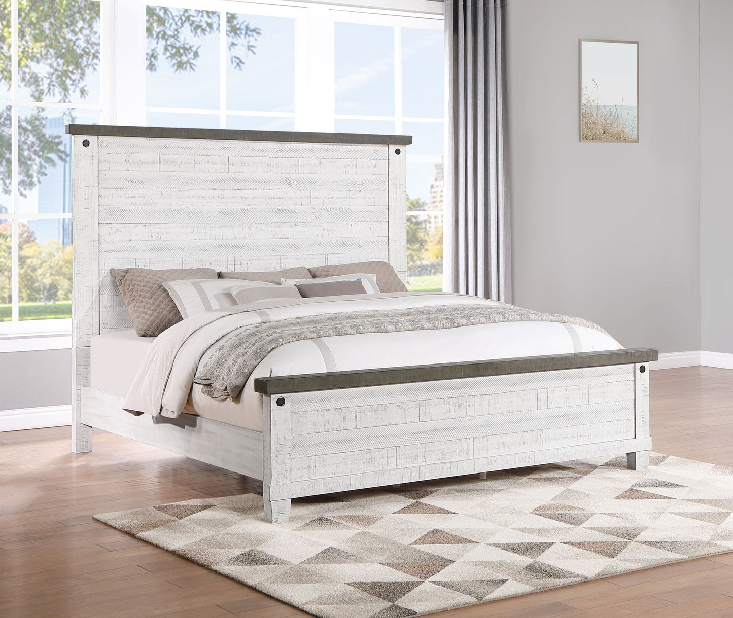 Lilith  Panel Bed Distressed Grey and White