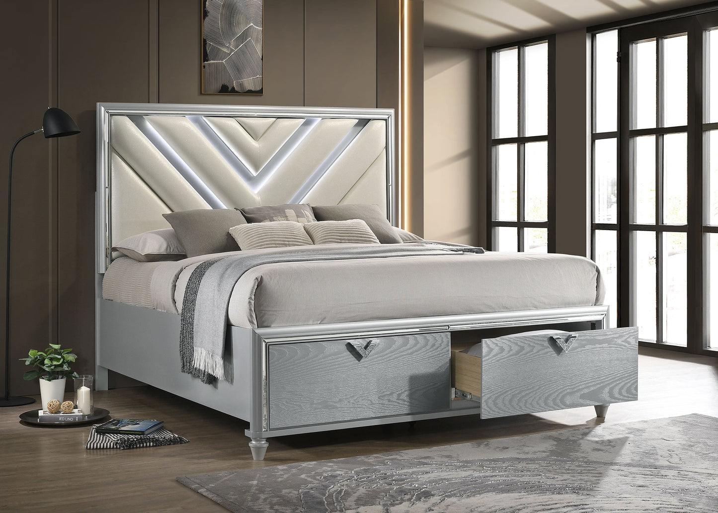 Veronica  Platform Storage Bed with Upholstered LED Headboard Light Silver