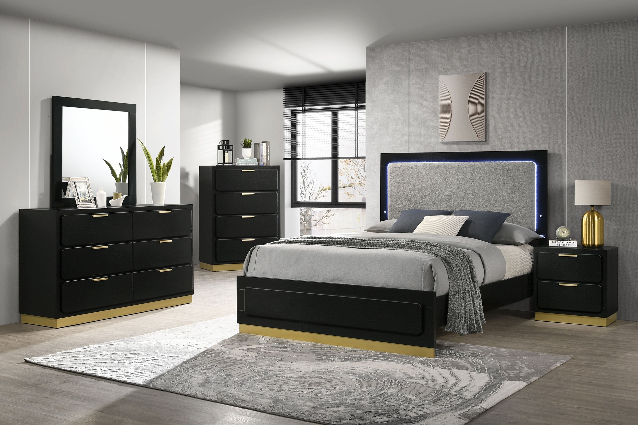 Caraway   Bedroom Set with LED Headboard Black and Grey