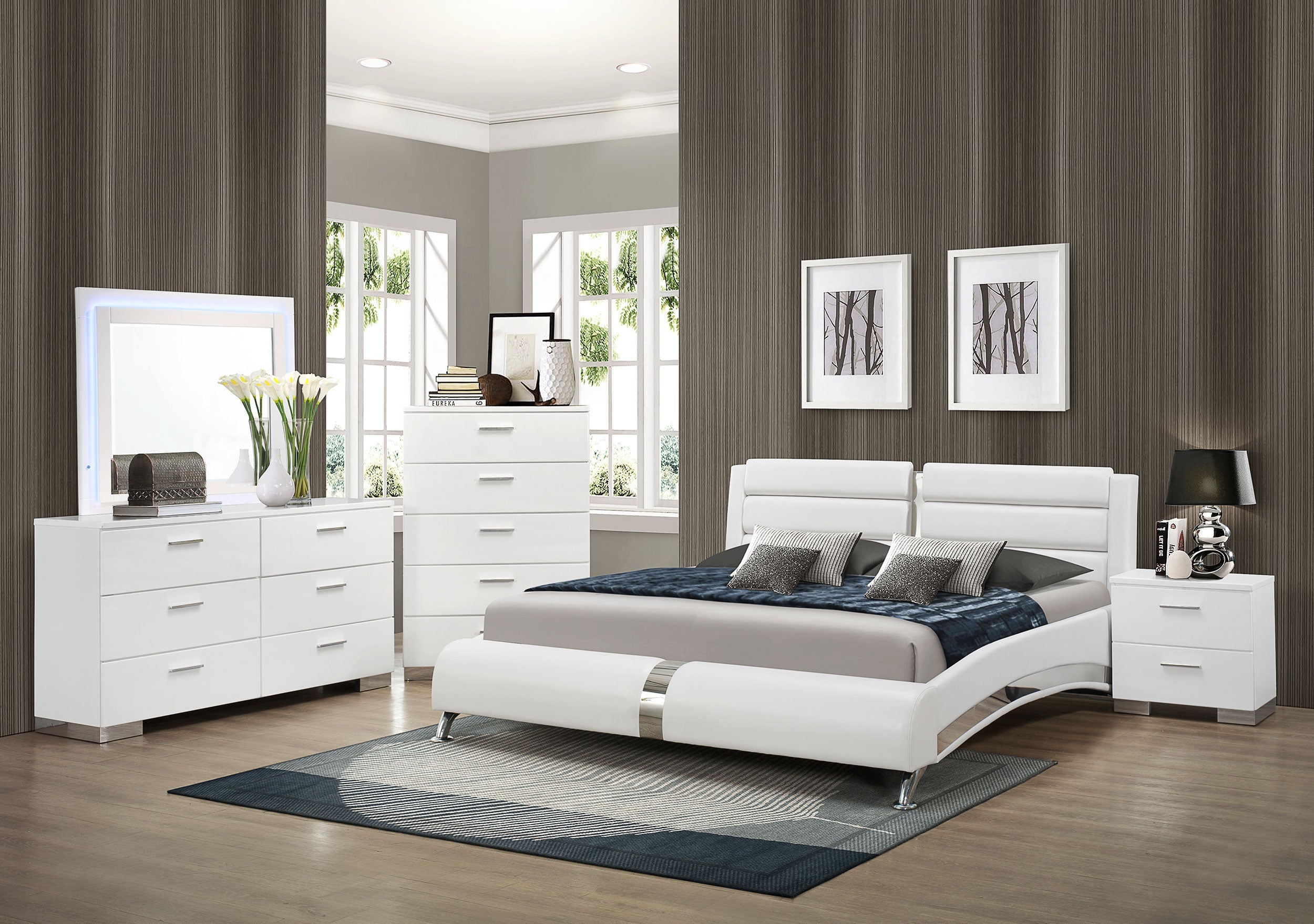 Jeremaine   Bedroom Set with LED Mirror Glossy White