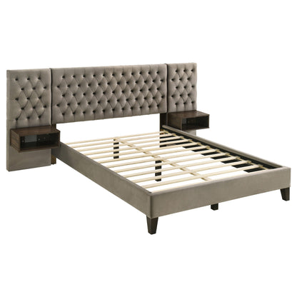 Marley Upholstered  Platform Bed with Headboard Panels Light Brown