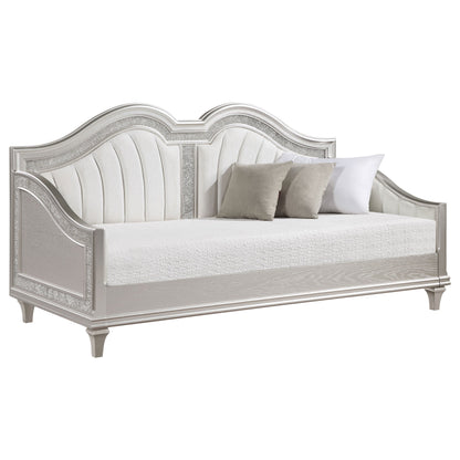 Evangeline Upholstered Twin Daybed with Faux Diamond Trim Silver and Ivory