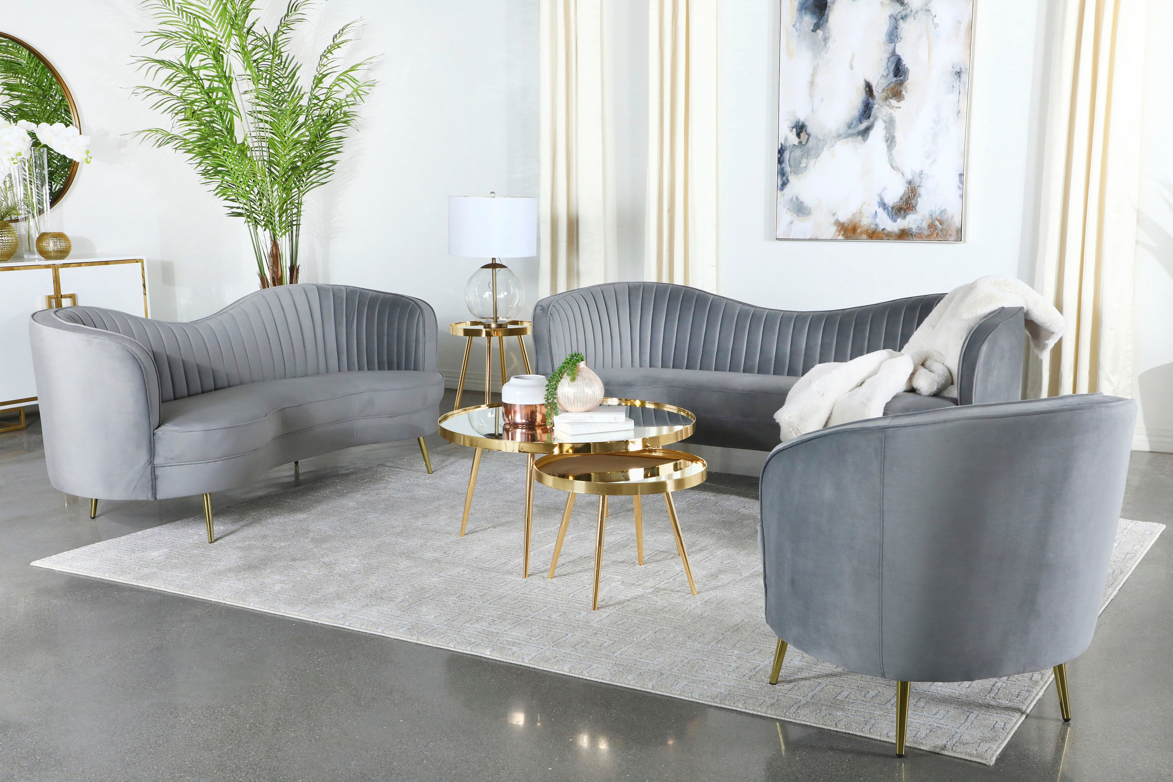 Sophia 2-piece Upholstered Living Room Set with Camel Back Grey and Gold