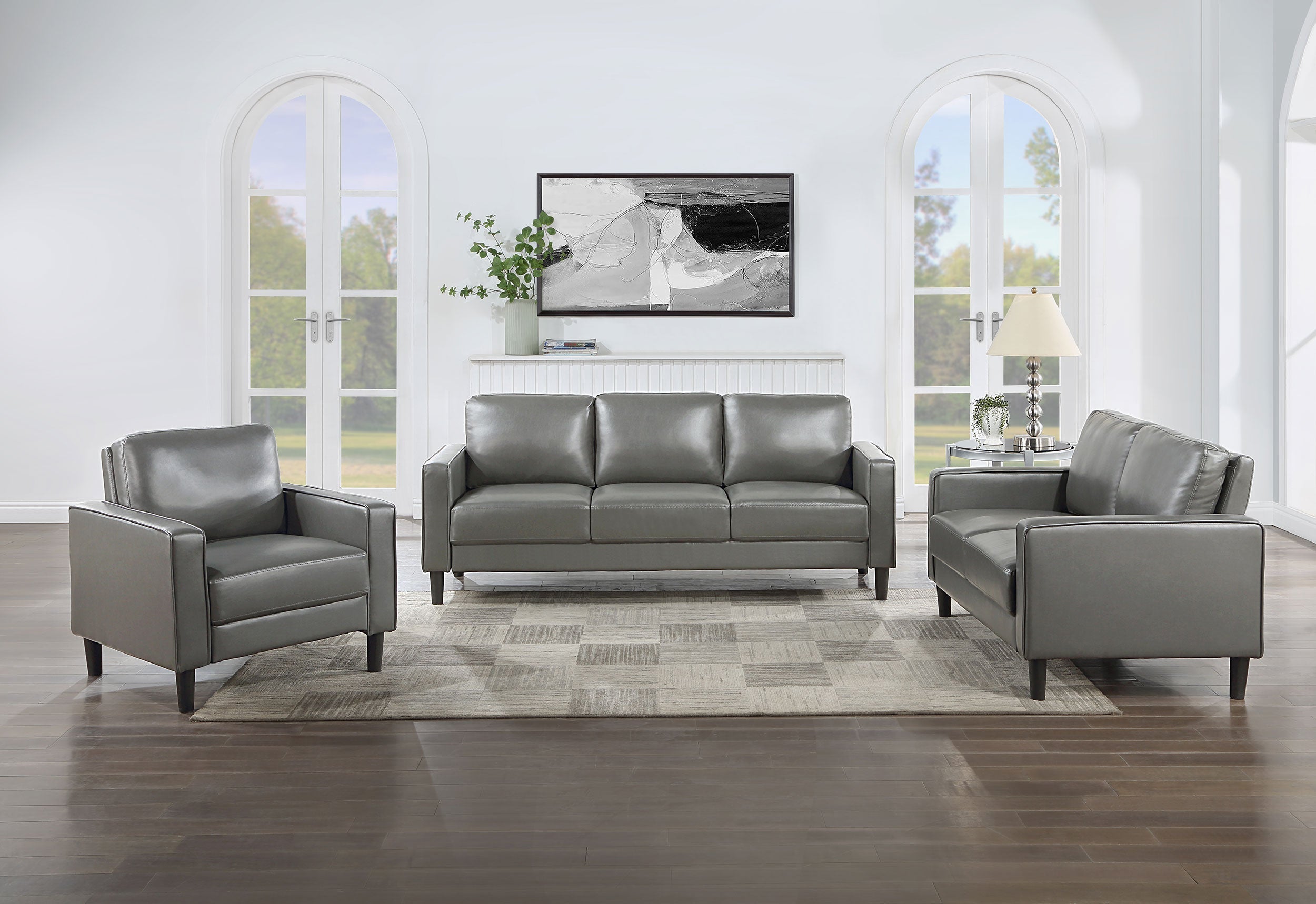 Ruth 2-piece Upholstered Track Arm Faux Leather Sofa Set Grey