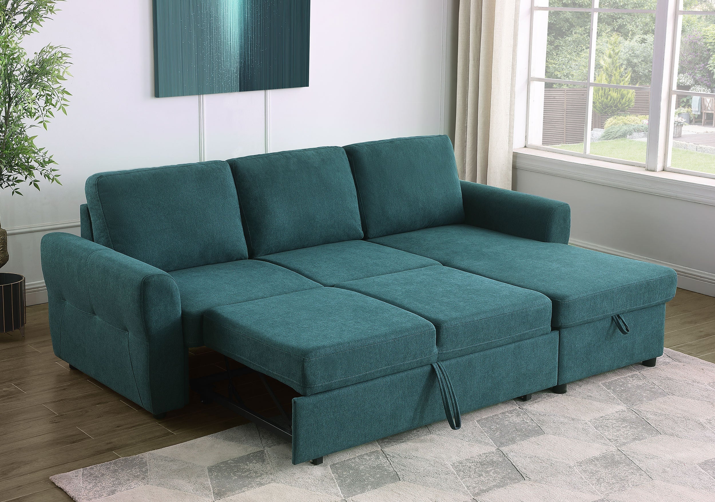 Samantha Upholstered Sleeper Sofa Sectional with Storage Chaise Grey