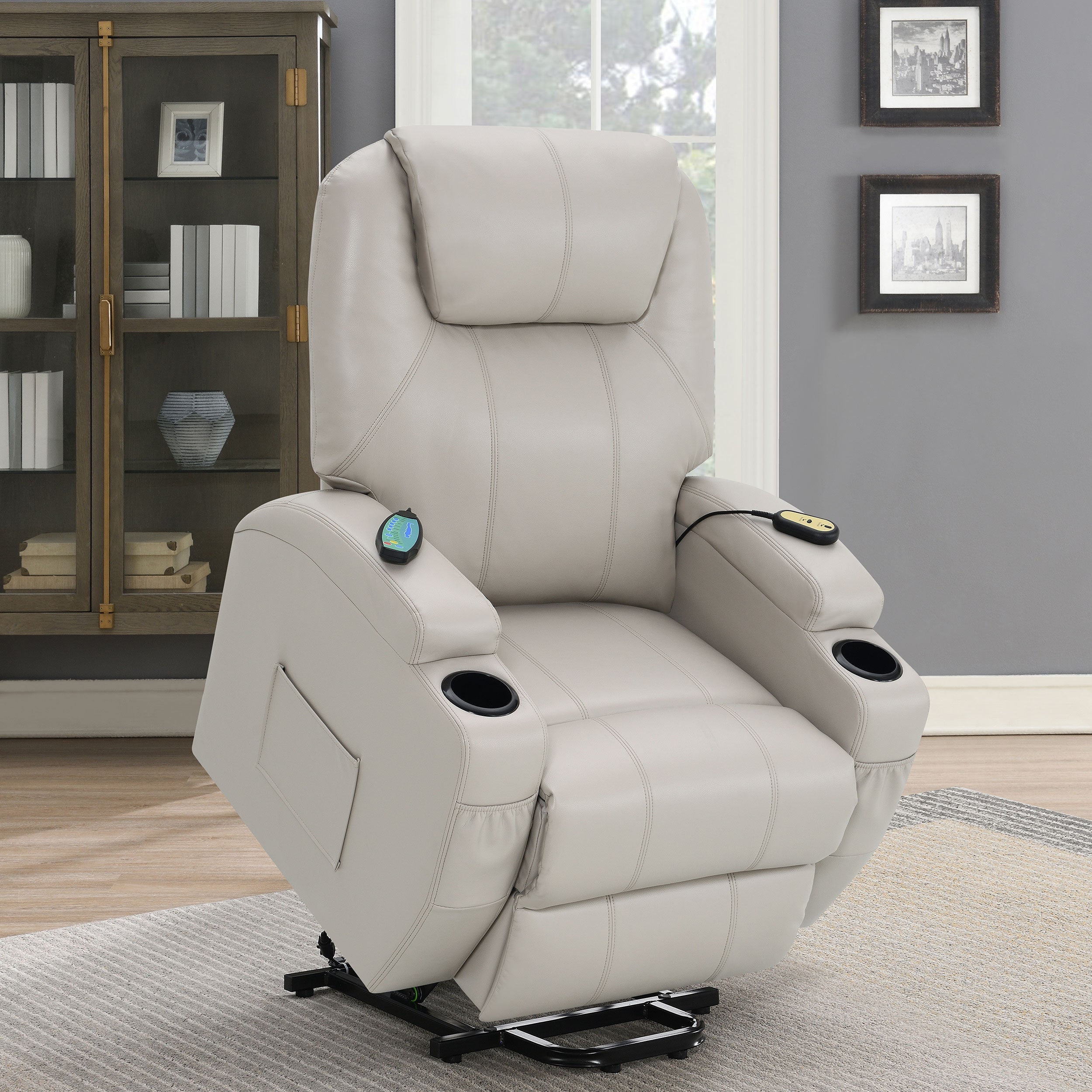 Sanger Upholstered Power Lift Recliner Chair with Massage Champagne