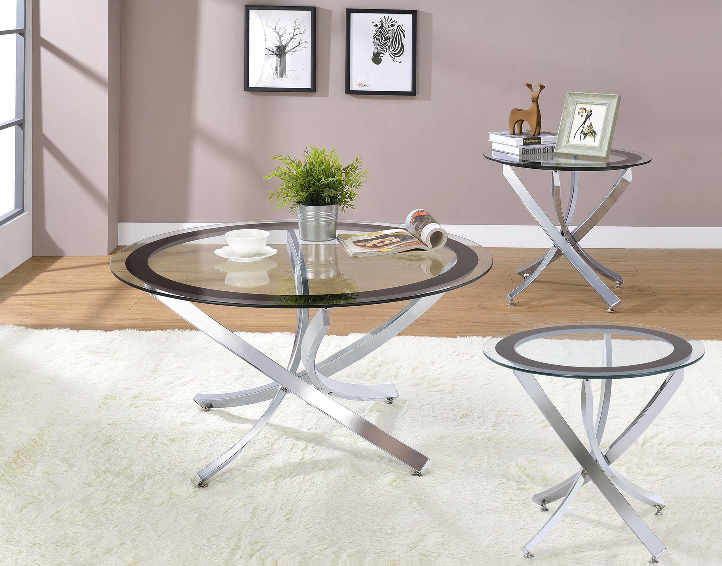 Brooke  Round Glass Top Coffee Table Set Chrome