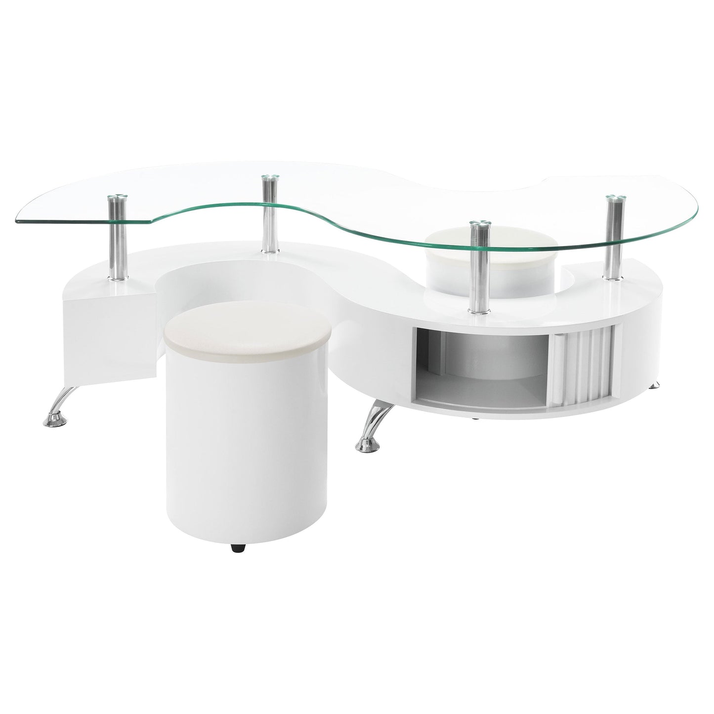 Buckley Curved Glass Top Coffee Table With Stools White High Gloss