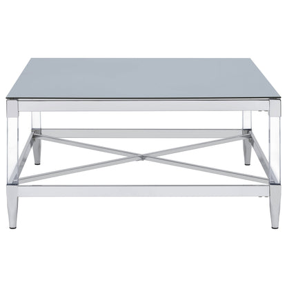 Lindley Square Coffee Table with Acrylic Legs and Tempered Mirror Top Chrome