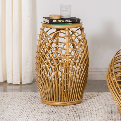 Dahlia Round Glass Top Woven Rattan End Table Natural Brown