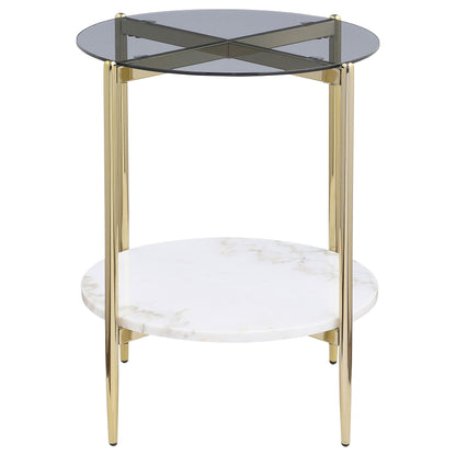 Jonelle Round Glass Top End Table White Marble Shelf Gold