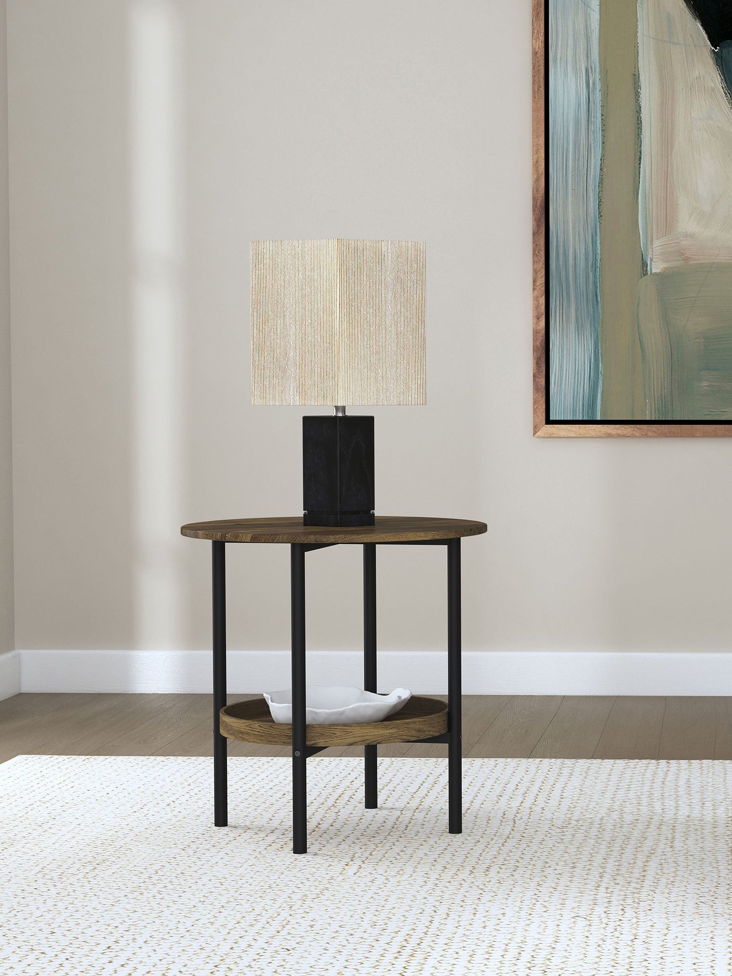 Delfin Round Glass Top Side End Table Black and Brown