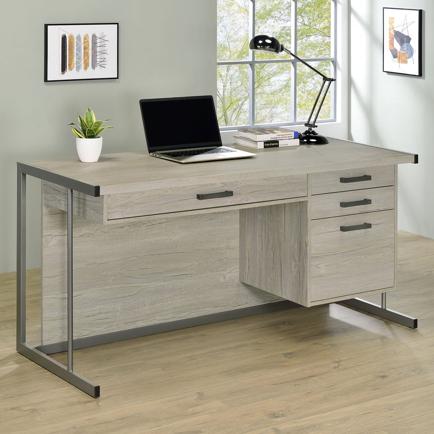 Loomis 4-drawer Rectangular Office Desk Whitewashed Grey and Gunmetal