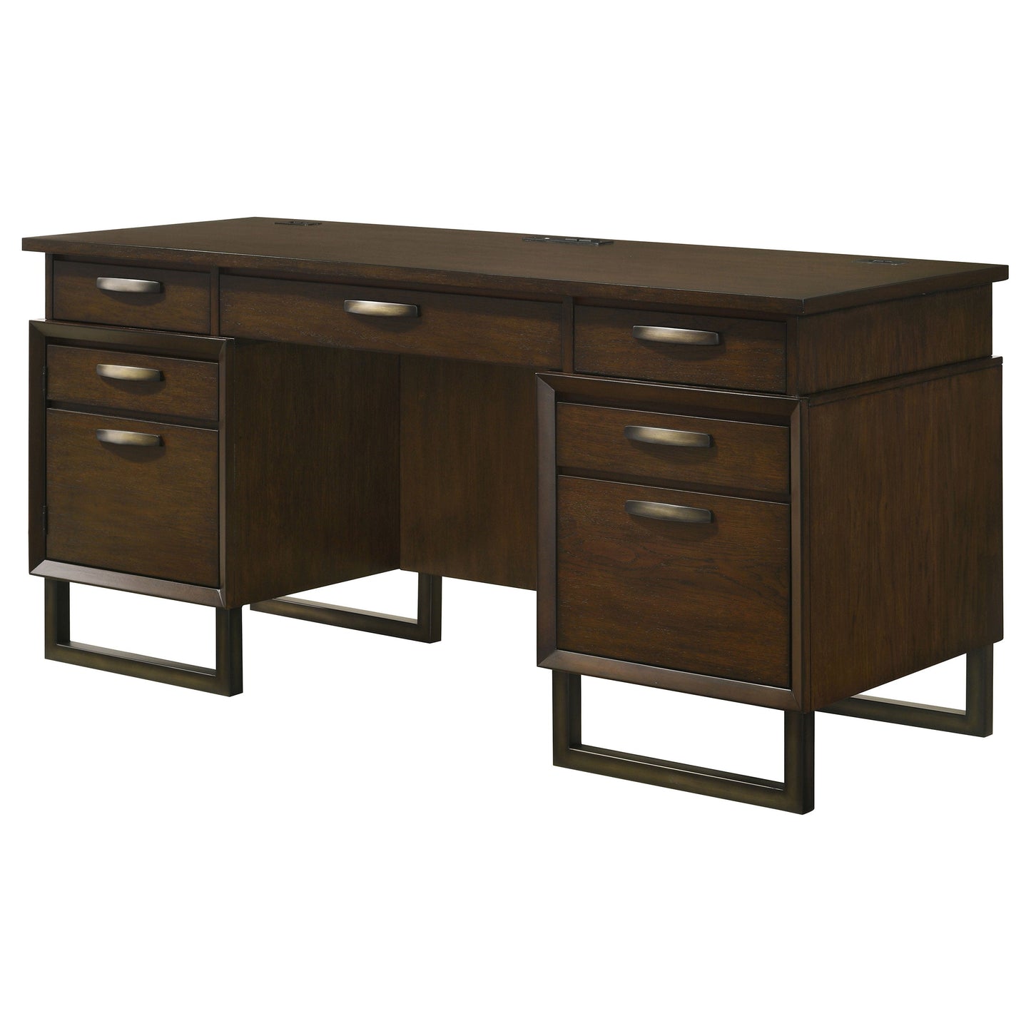 Marshall 5-drawer Credenza Desk With Power Outlet Dark Walnut and Gunmetal