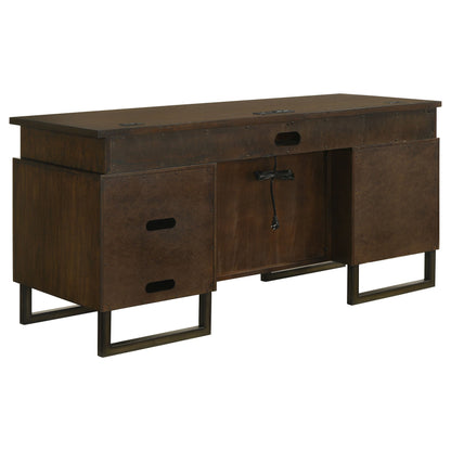 Marshall 5-drawer Credenza Desk With Power Outlet Dark Walnut and Gunmetal