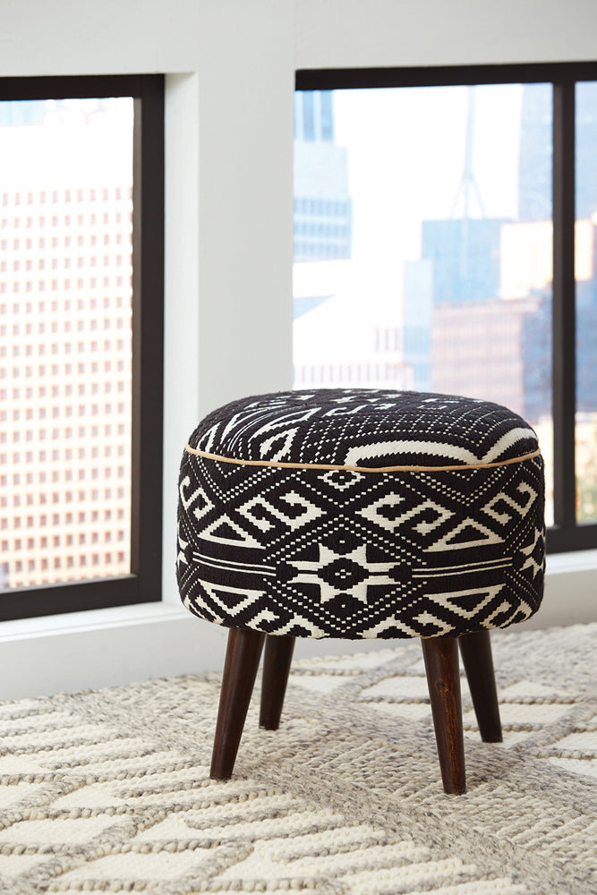 Camila Round Upholstered Ottoman Black and White