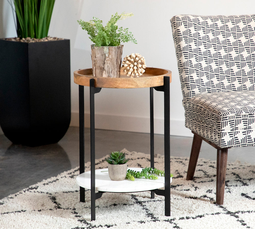 Adhvik Round Accent Table with Marble Shelf Natural and Black