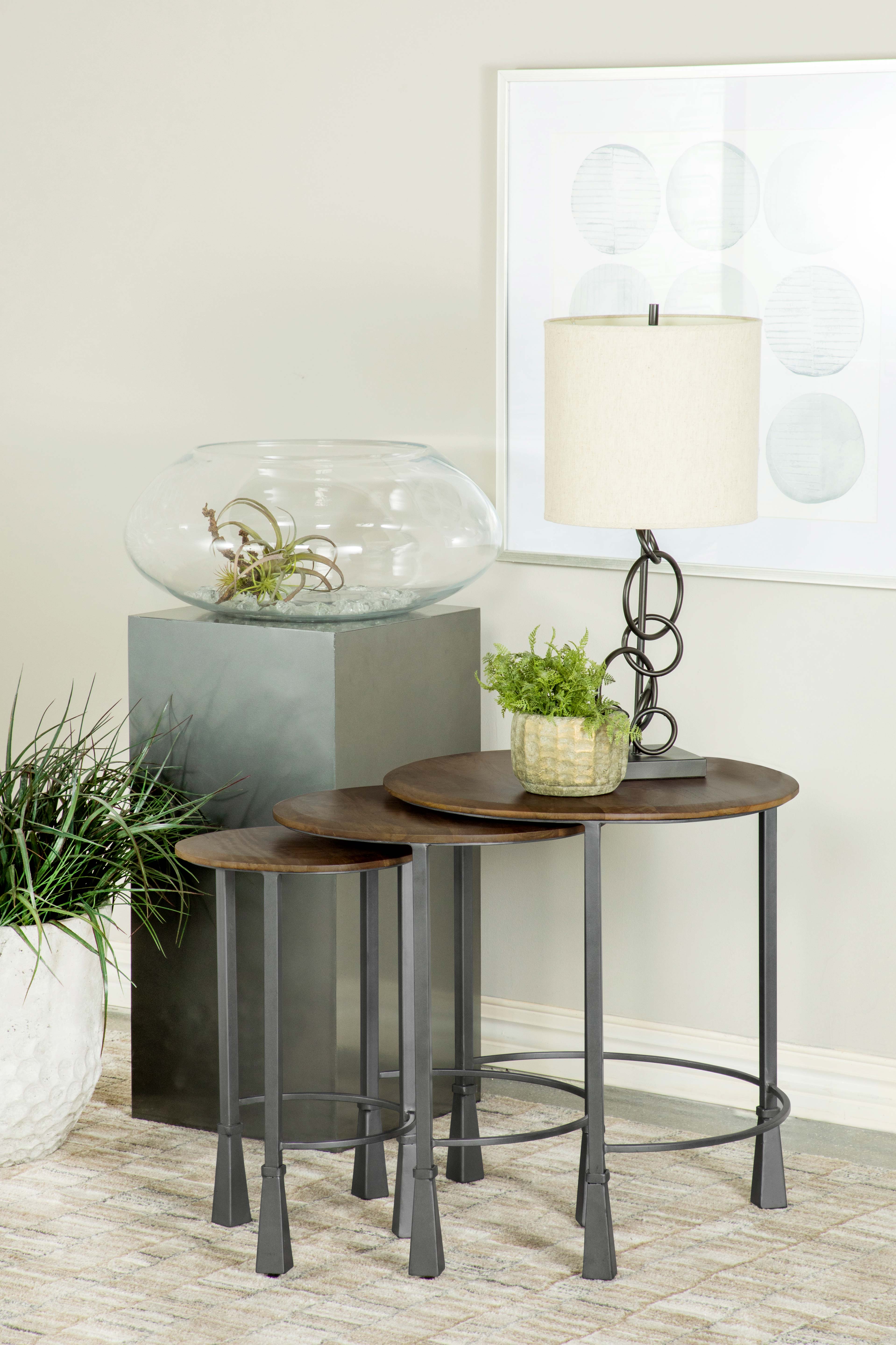 Deja 3-piece Round Nesting Table Natural and Gunmetal