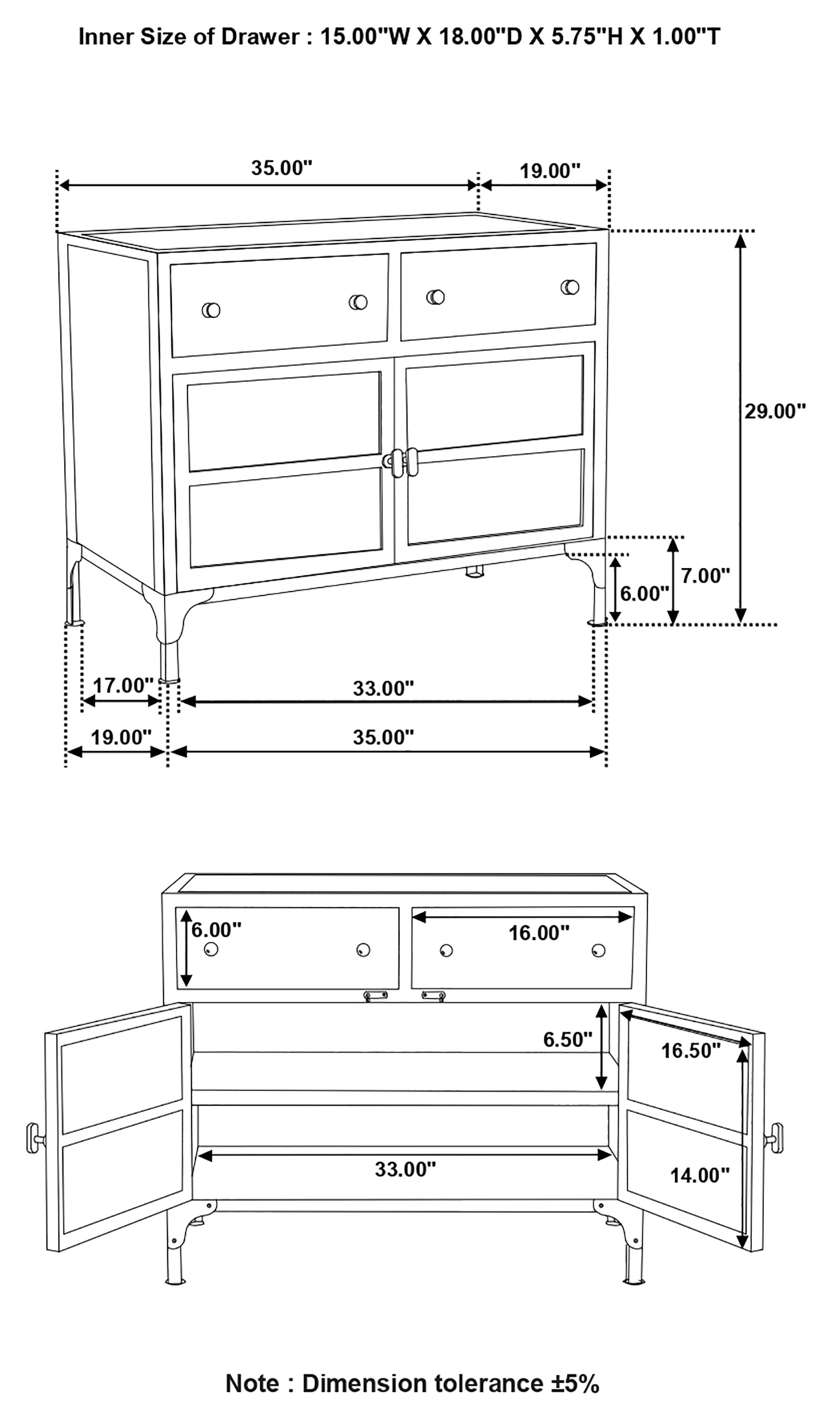 Sadler 2-drawer Accent Cabinet with Glass Doors Black