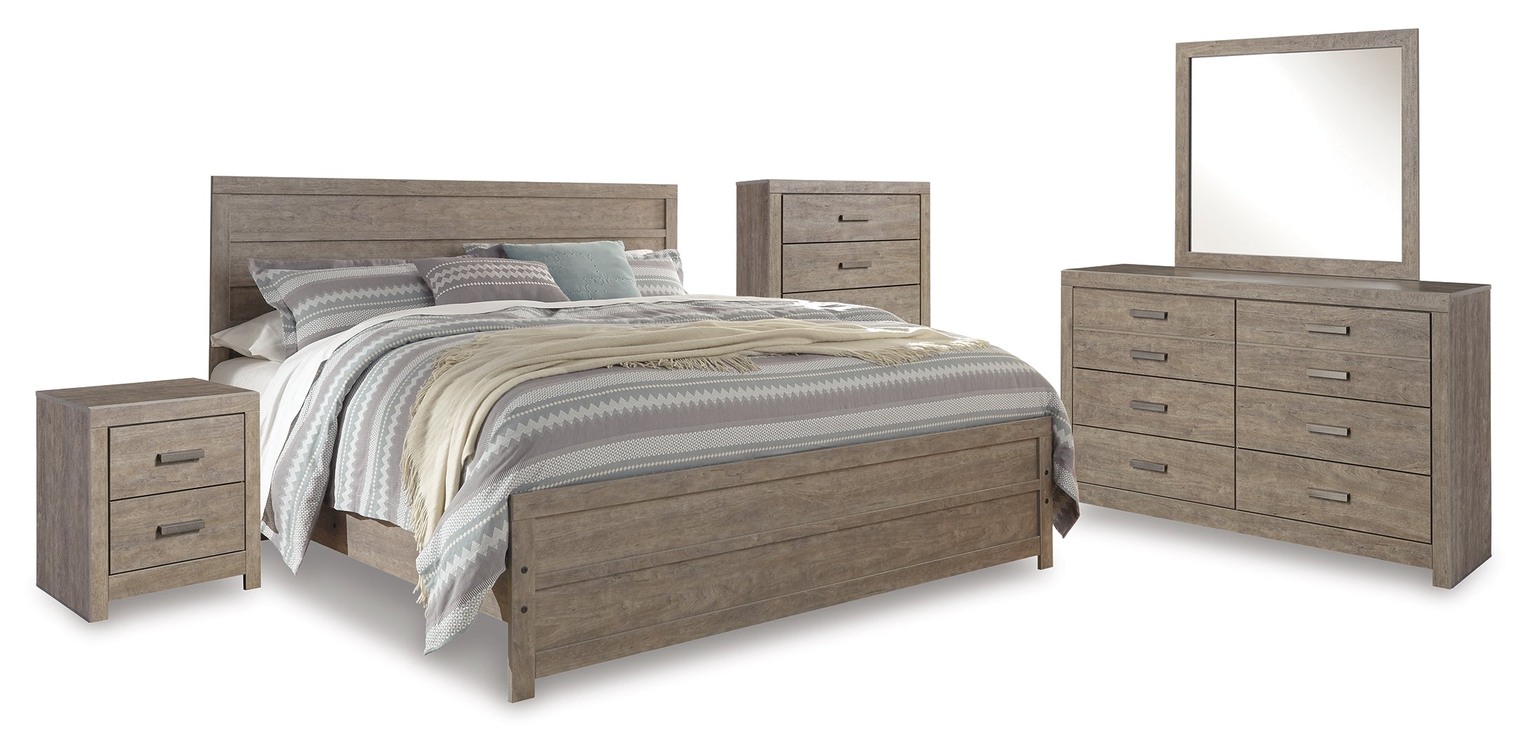 Culverbach King Panel Bed with Mirrored Dresser, Chest and Nightstand