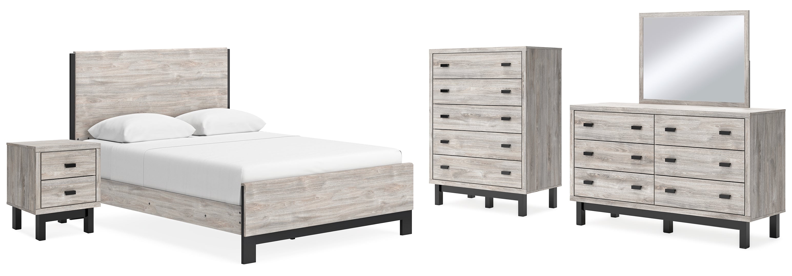 Vessalli Queen Panel Bed with Mirrored Dresser, Chest and Nightstand