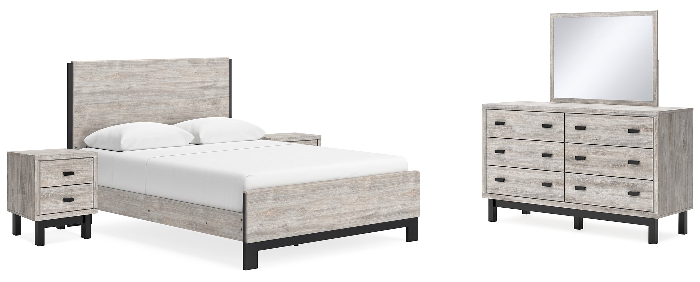 Vessalli Queen Panel Bed with Mirrored Dresser and 2 Nightstands