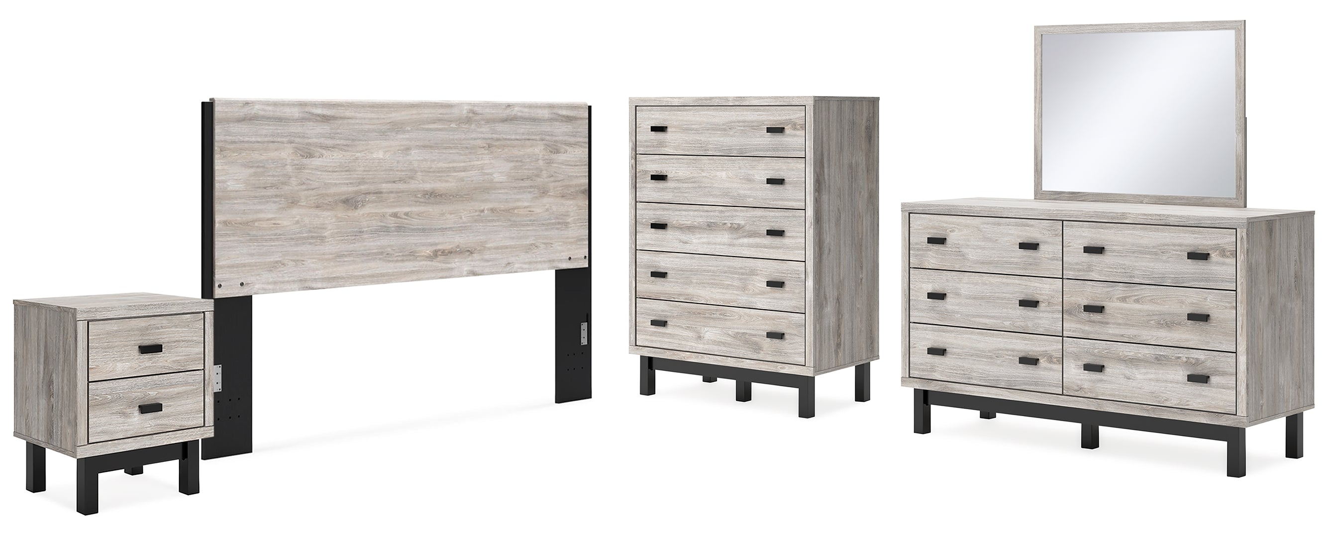 Vessalli King Panel Headboard with Mirrored Dresser, Chest and Nightstand