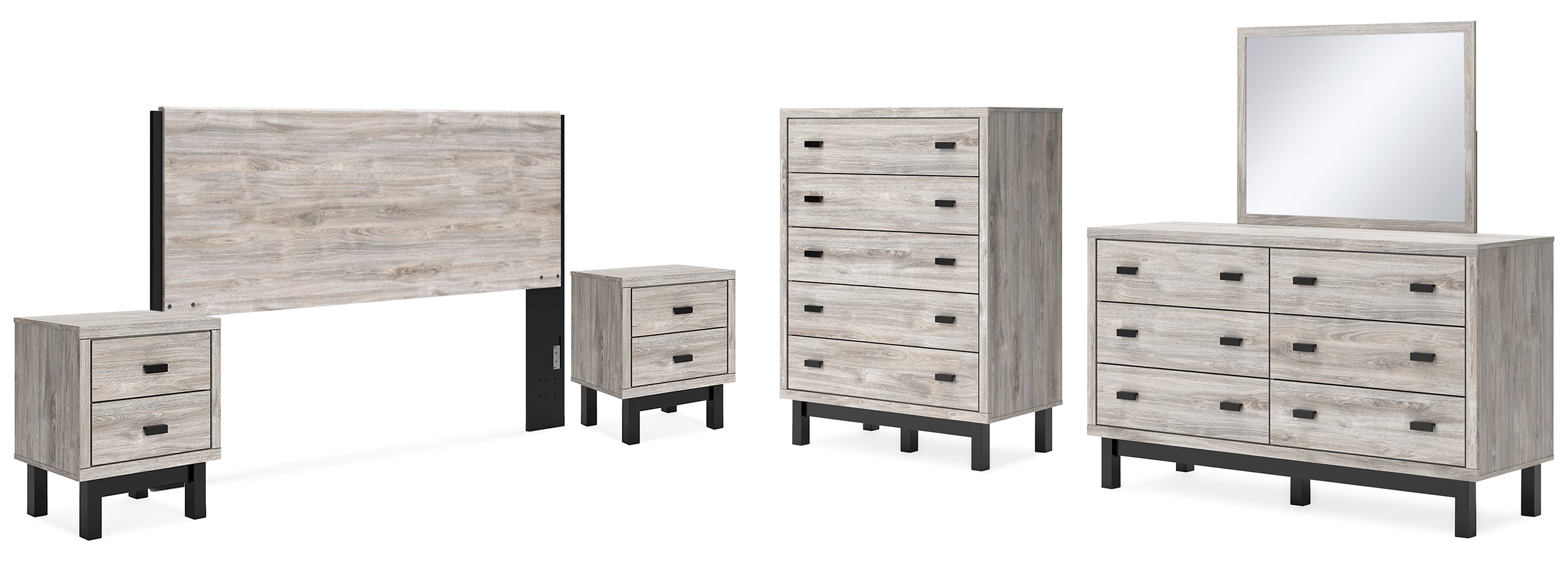 Vessalli King Panel Headboard with Mirrored Dresser, Chest and 2 Nightstands