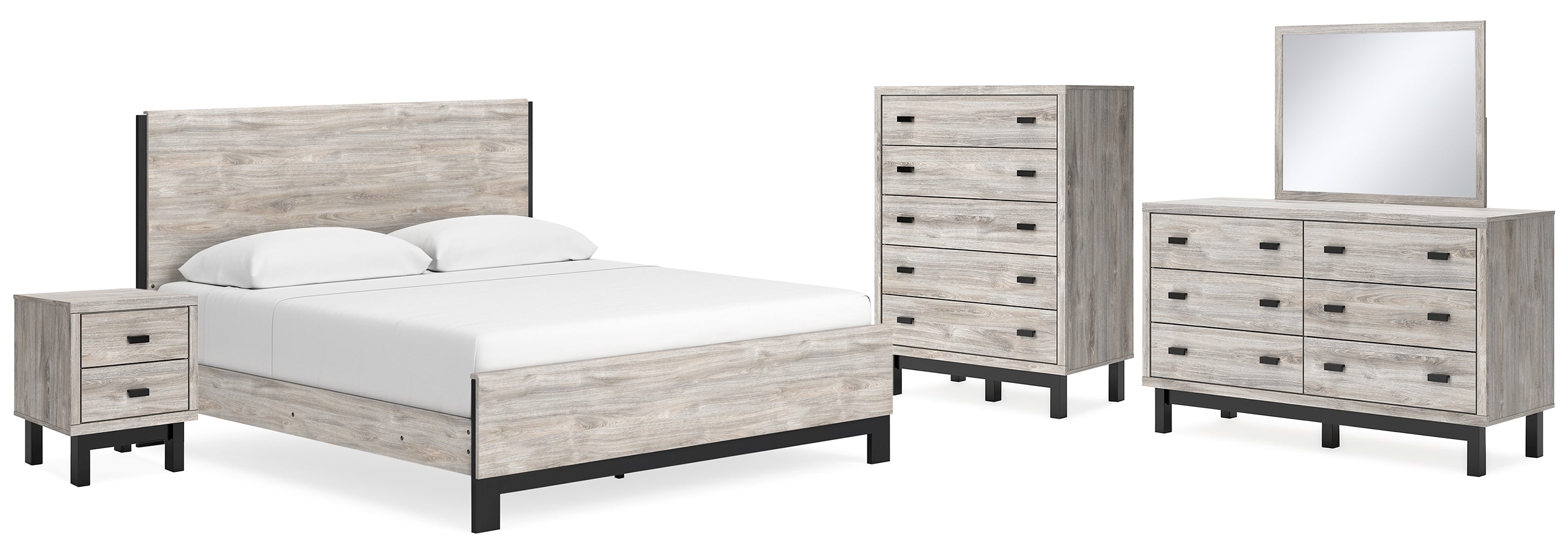 Vessalli King Panel Bed with Mirrored Dresser, Chest and Nightstand