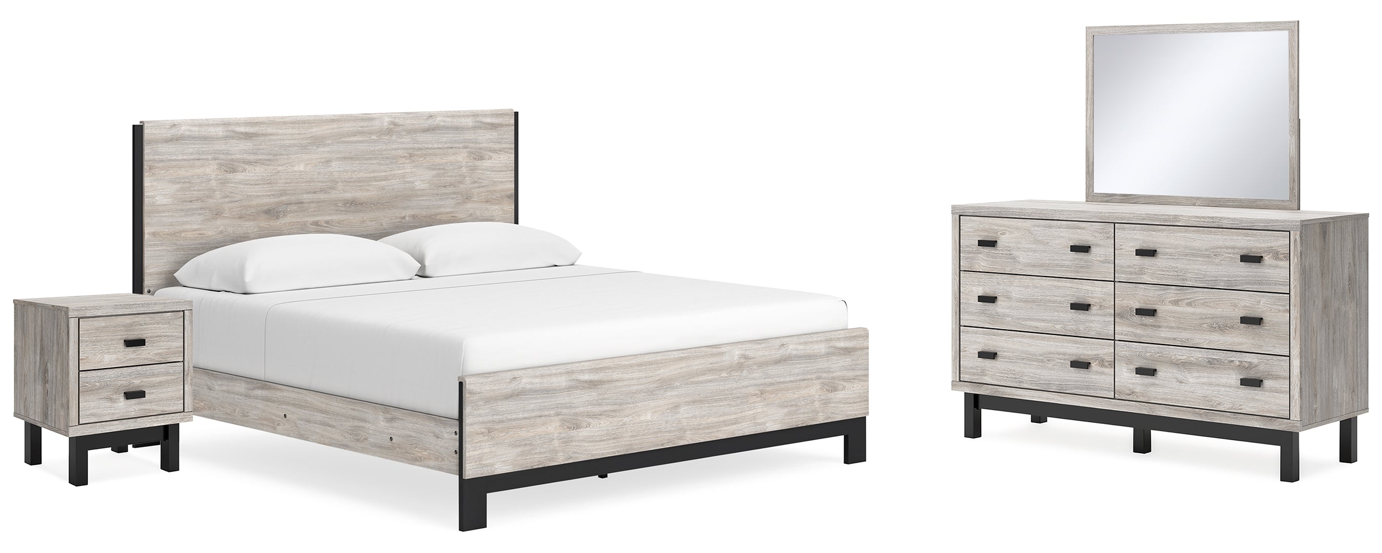 Vessalli King Panel Bed with Mirrored Dresser and Nightstand