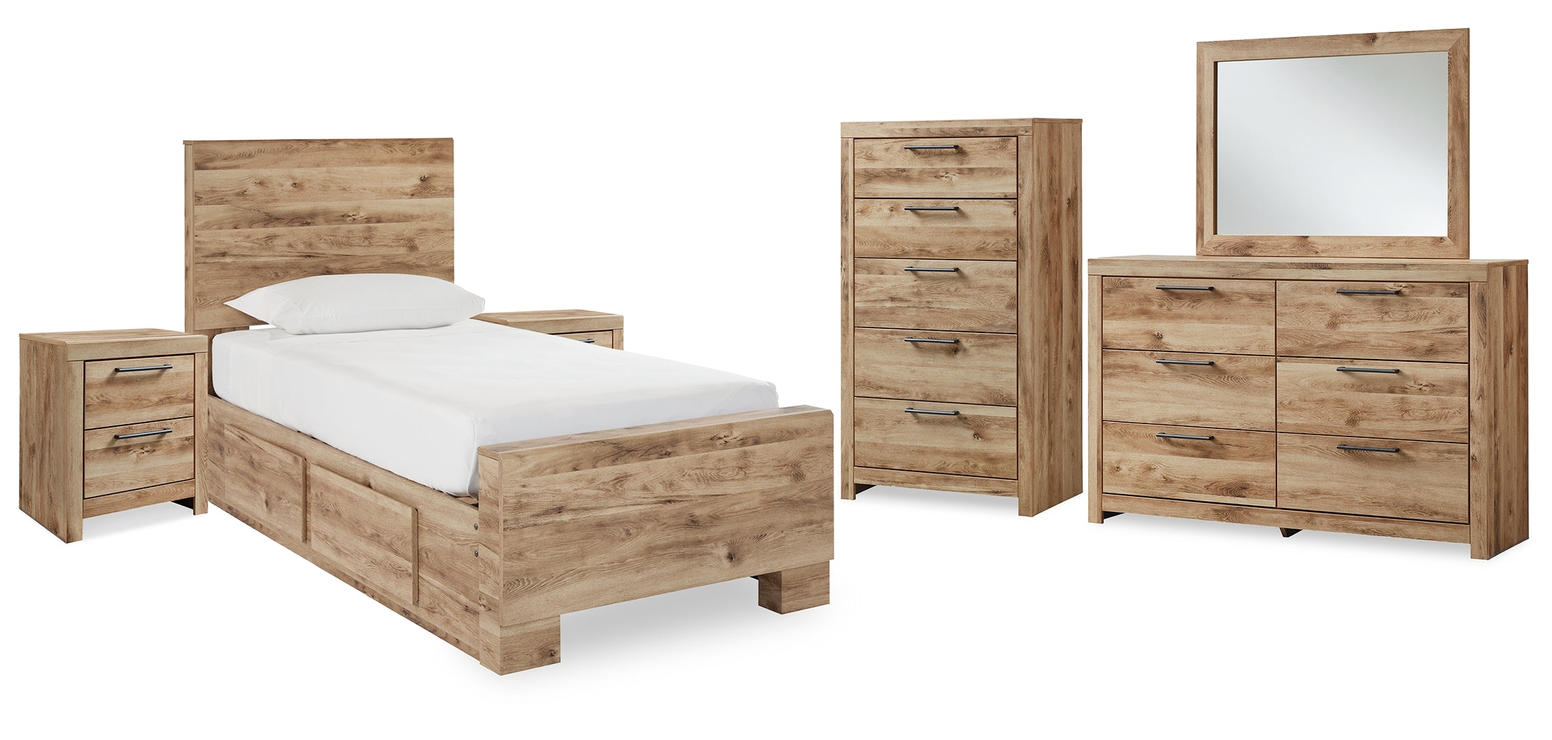 Hyanna Twin Panel Bed with Storage with Mirrored Dresser, Chest and 2 Nightstands