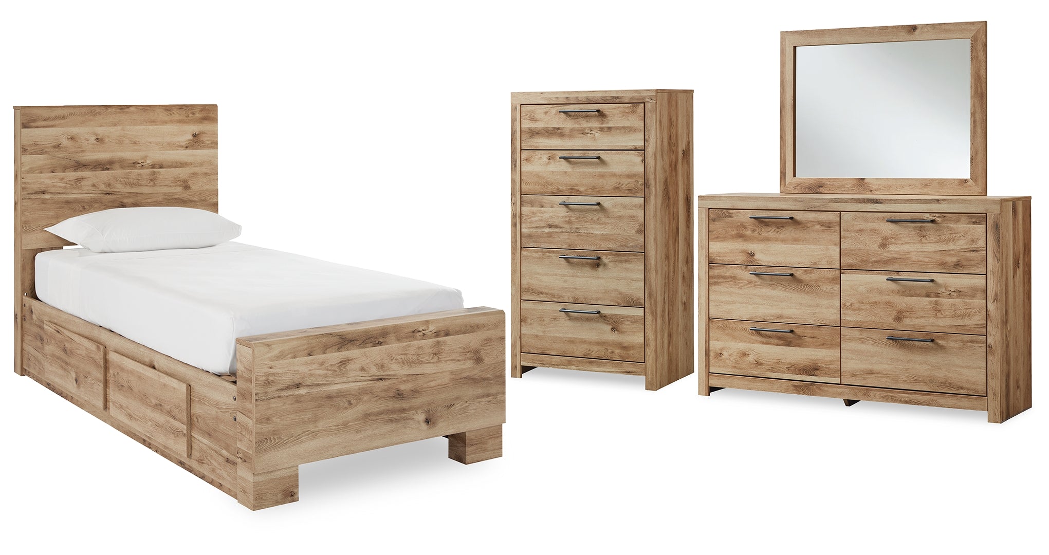 Hyanna Twin Panel Bed with Storage with Mirrored Dresser and Chest I