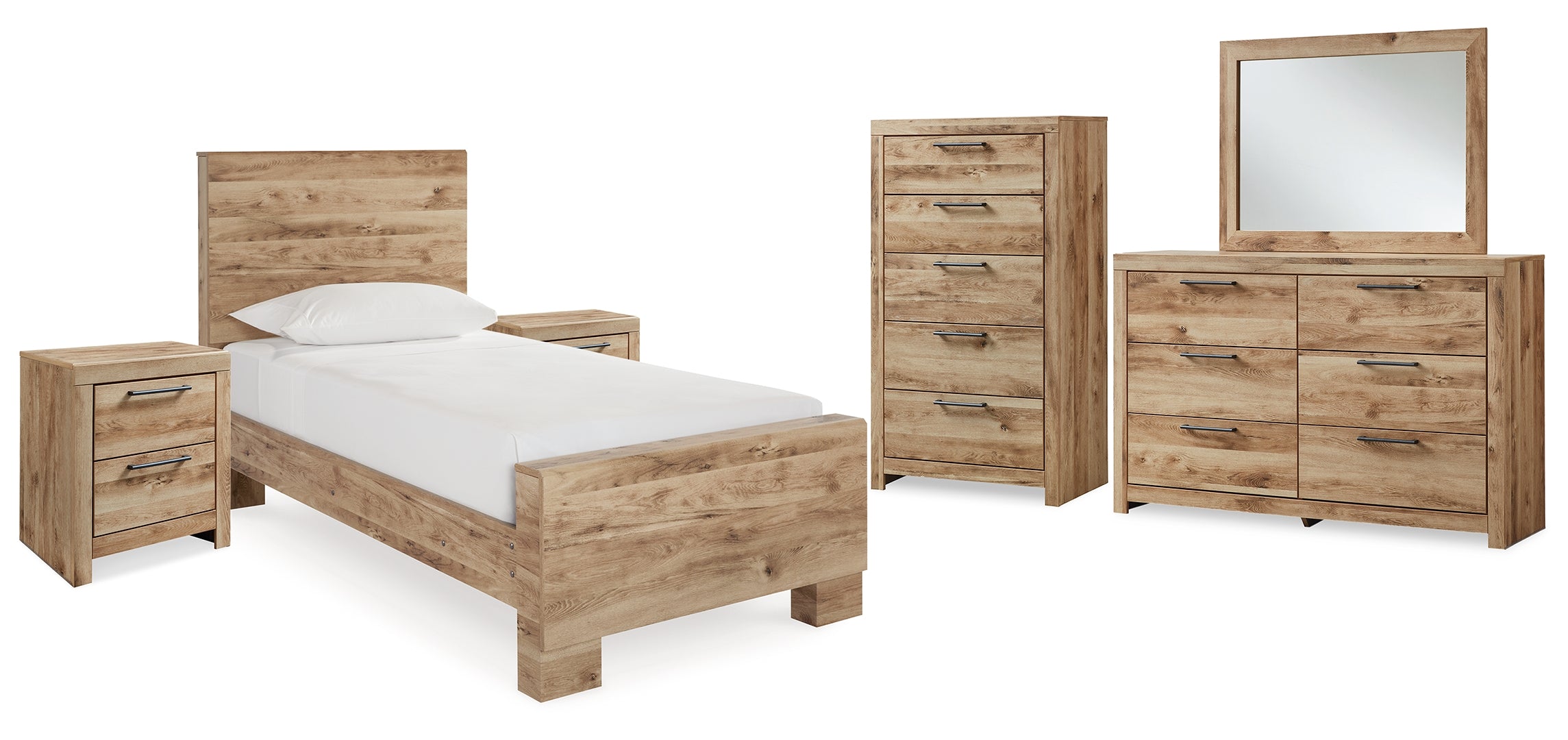 Hyanna Twin Panel Bed with Mirrored Dresser, Chest and 2 Nightstands